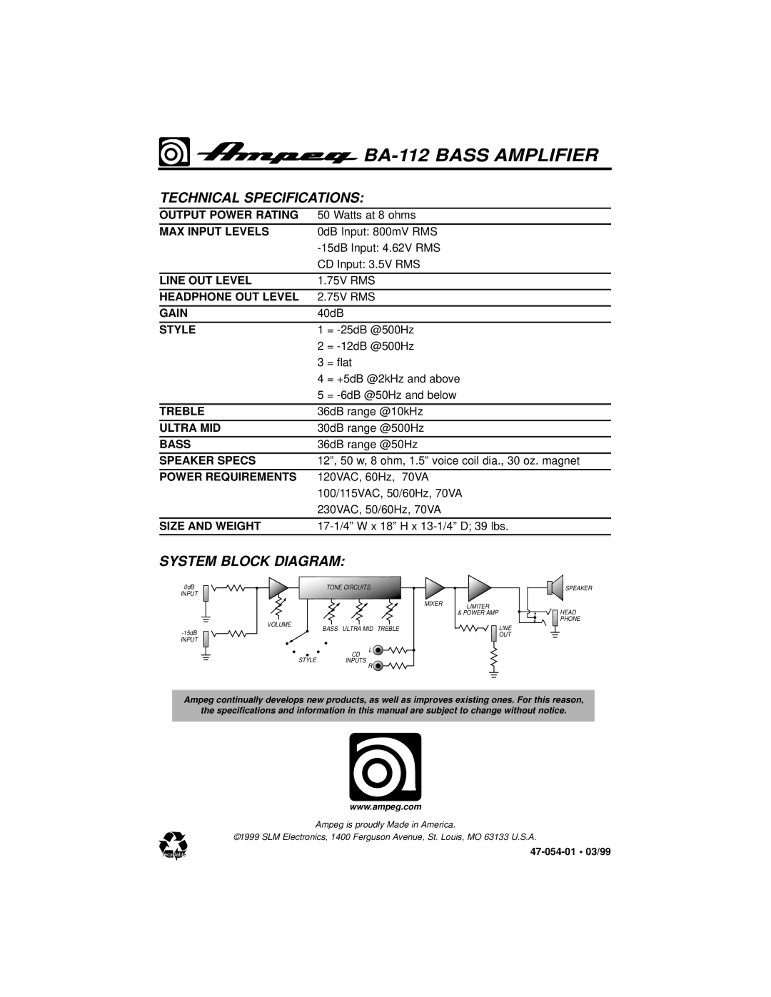 Ampeg BA-112 owner manual Technical Specifications, System Block Diagram 