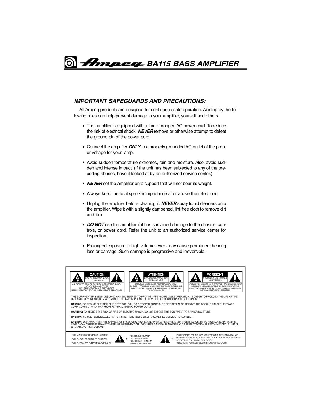 Ampeg Ba115 owner manual Important Safeguards and Precautions, No USER-SERVICEABLE Parts Inside 