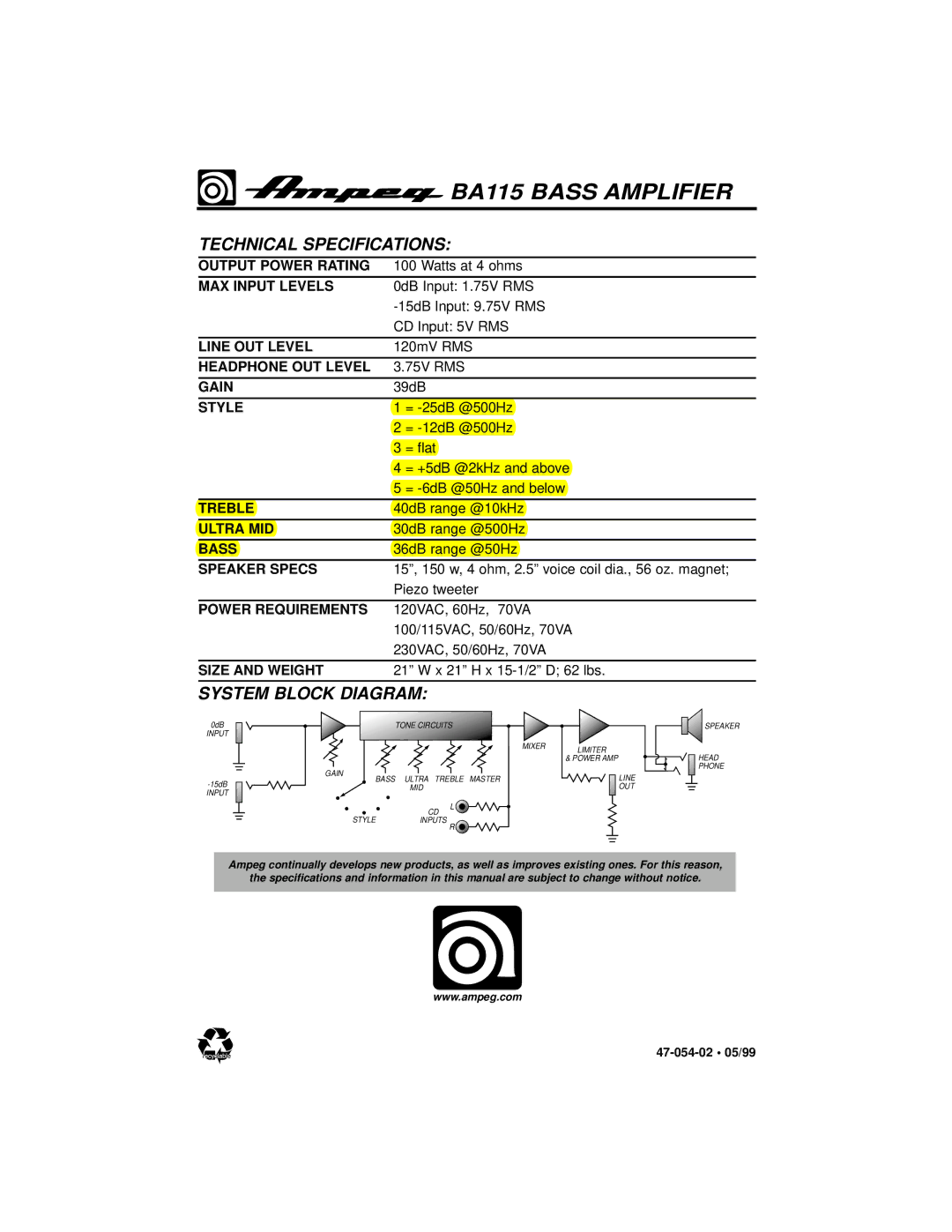 Ampeg Ba115 owner manual Technical Specifications, System Block Diagram 