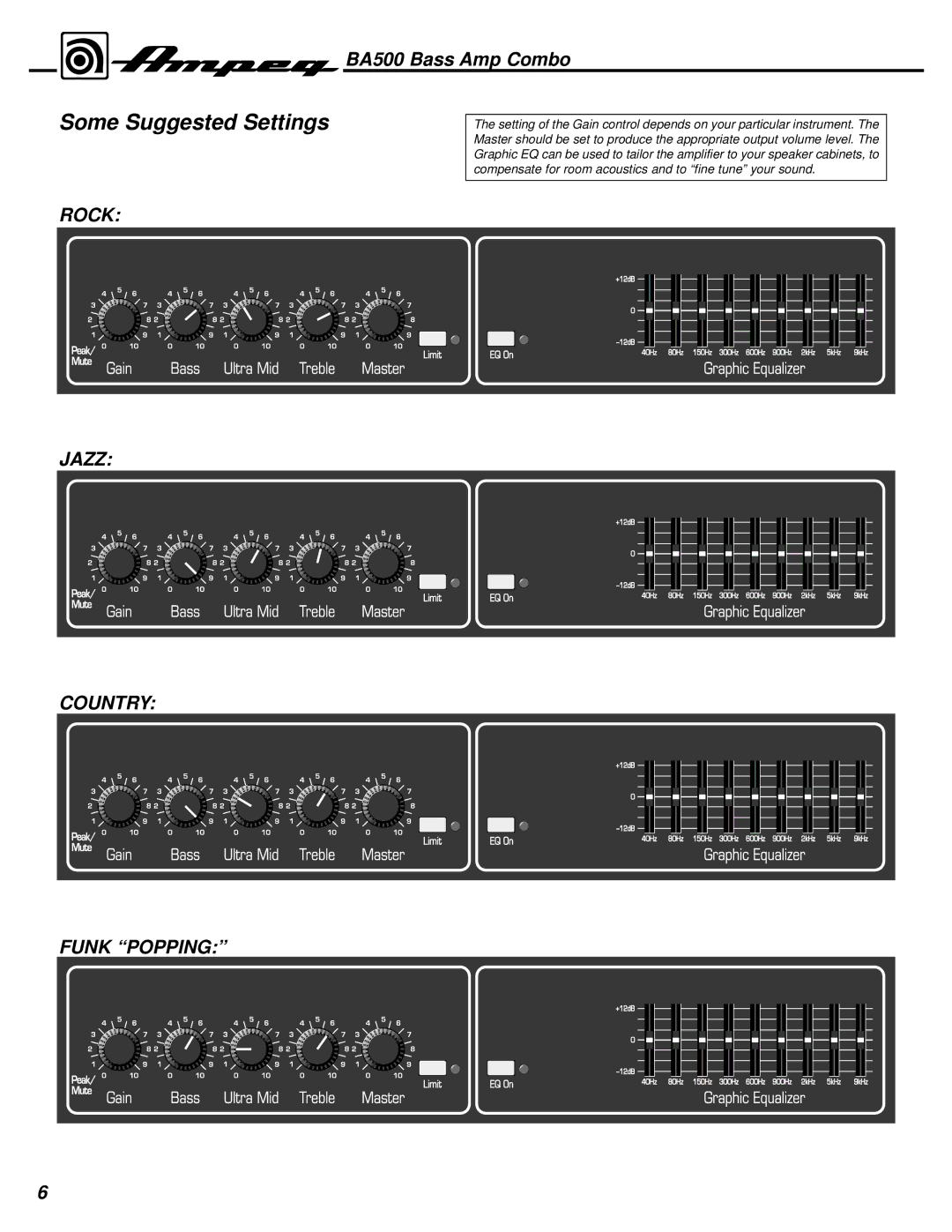 Ampeg BA500 manual Some Suggested Settings, Rock Jazz Country Funk Popping 