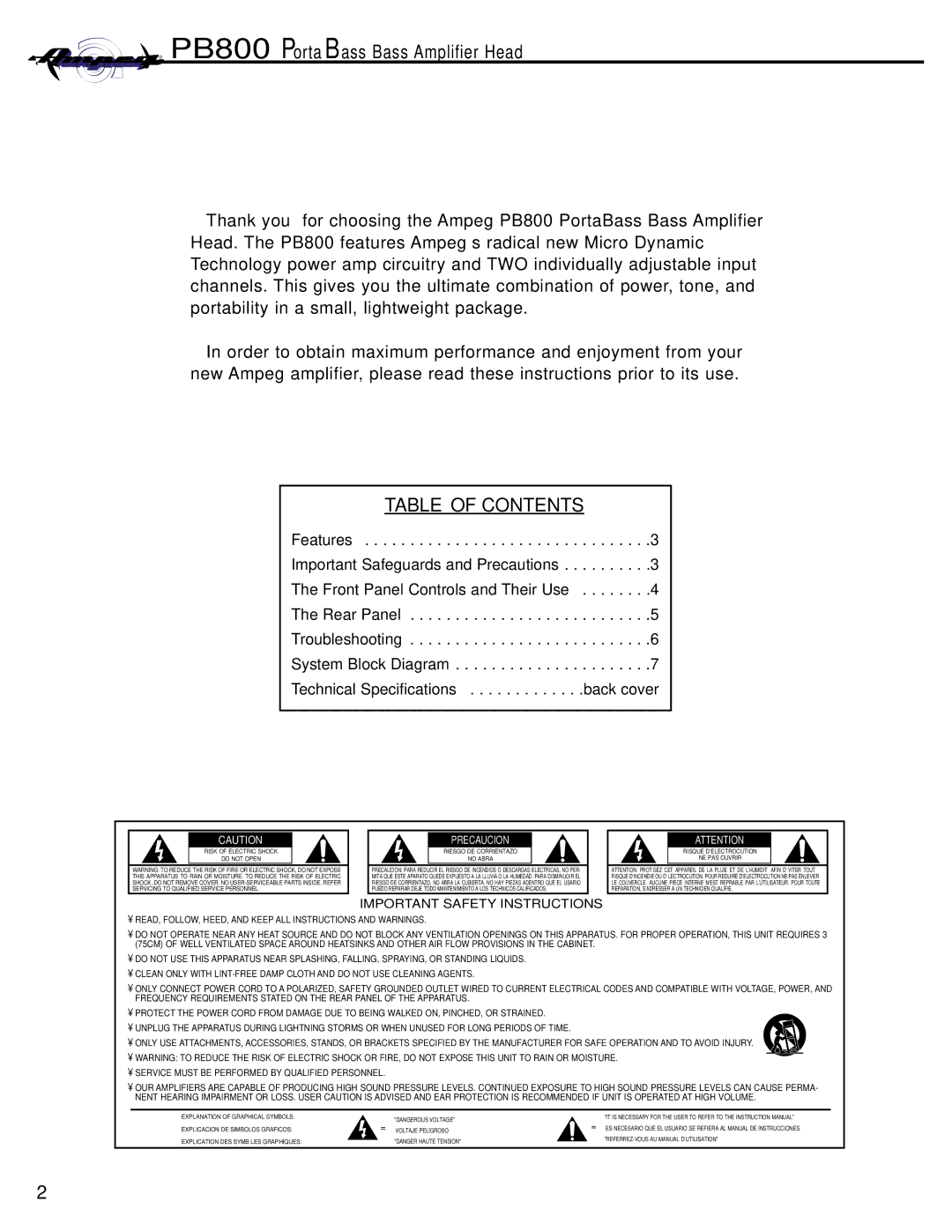 Ampeg PortaBass800 manual Table of Contents 