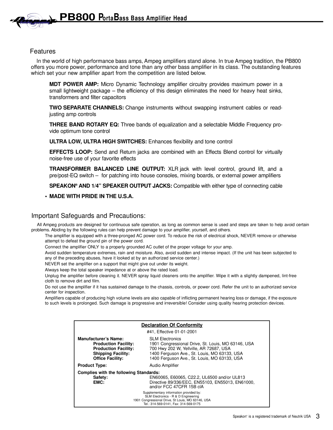 Ampeg PortaBass800 manual Features, Important Safeguards and Precautions, Emc 