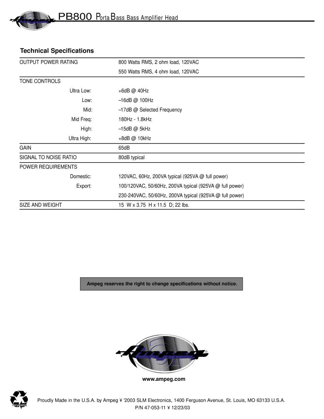 Ampeg PortaBass800 manual Technical Specifications, Tone Controls 