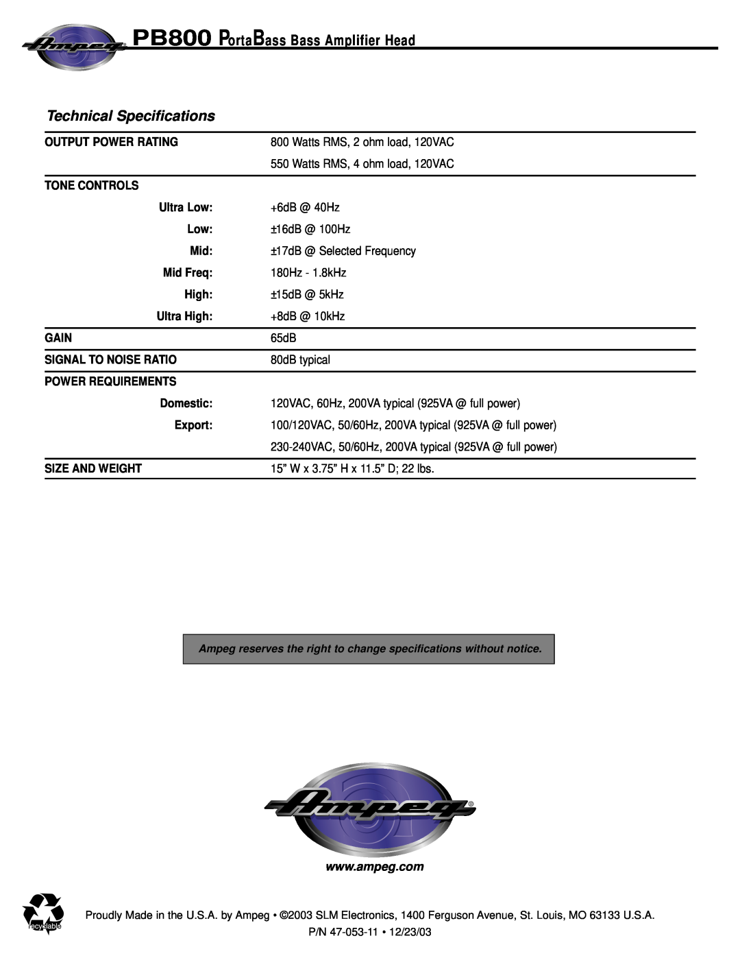 Ampeg PortaBass800 manual Technical Specifications, PB800 PortaBass Bass Amplifier Head 