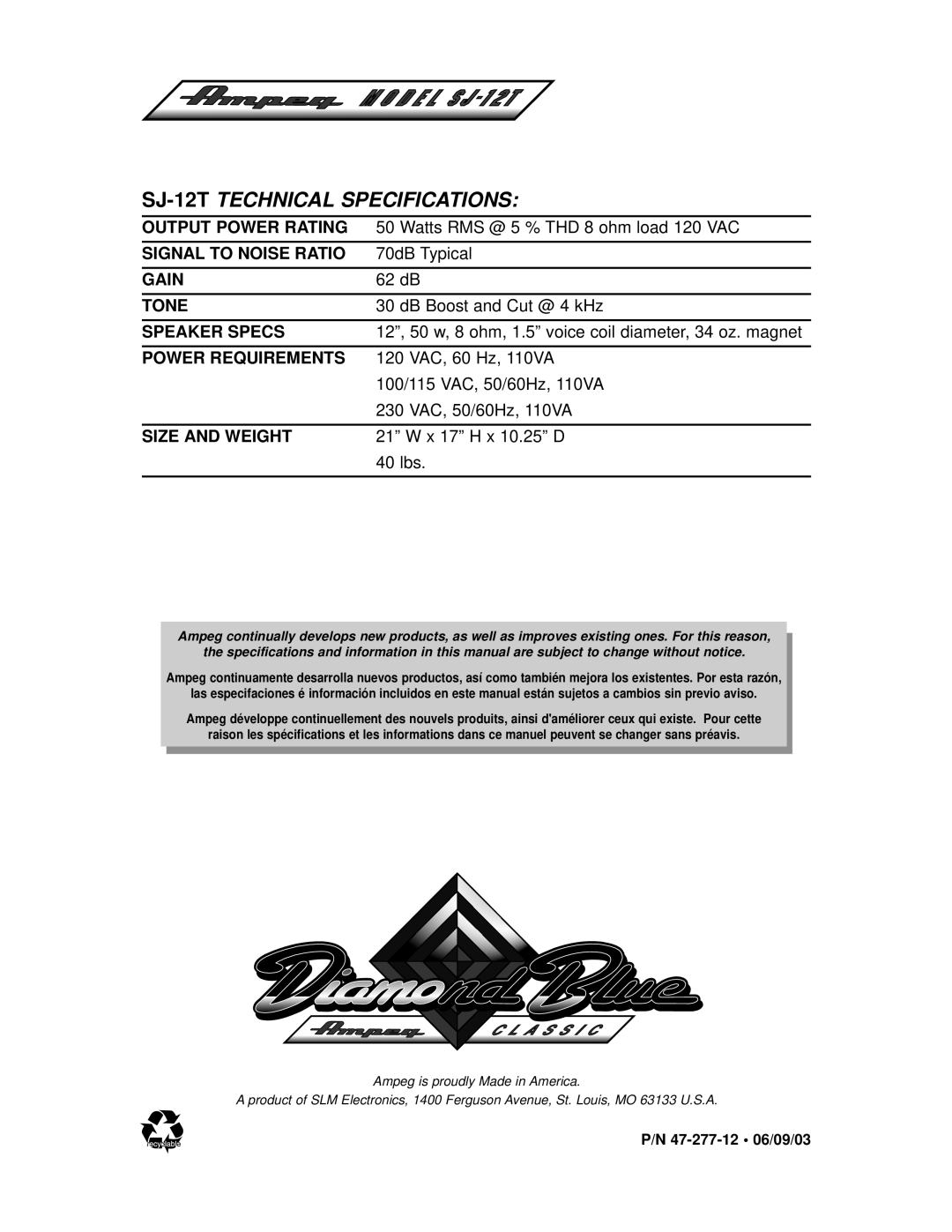 Ampeg manual SJ-12TTECHNICAL Specifications 