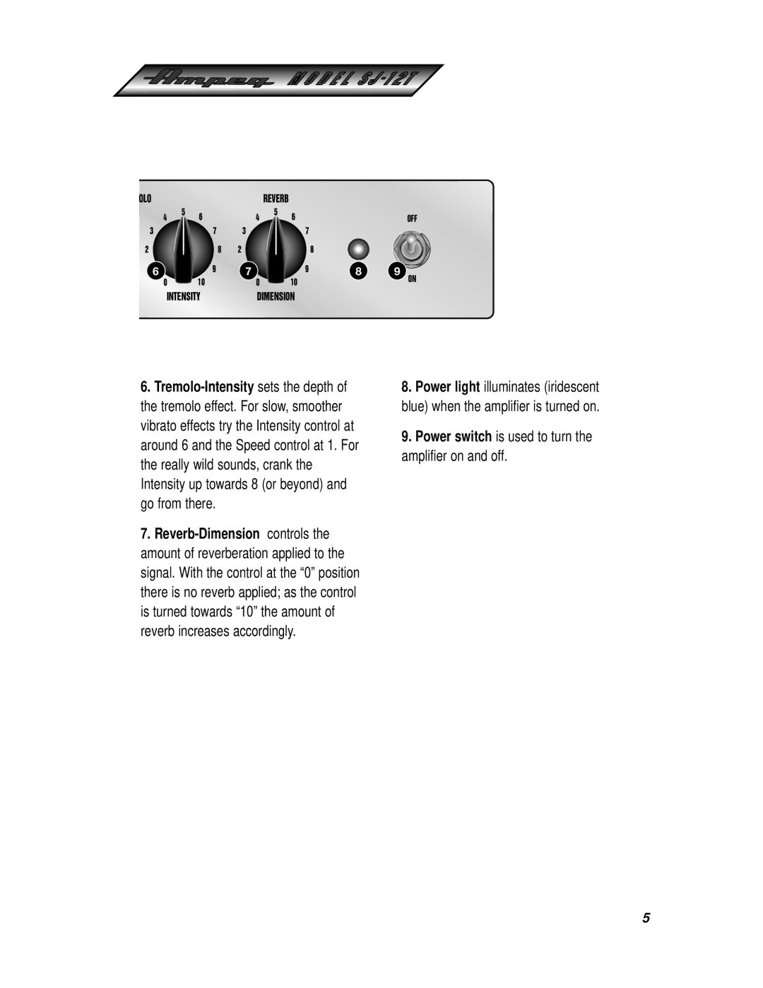 Ampeg SJ-12T manual Power switch is used to turn the amplifier on and off 