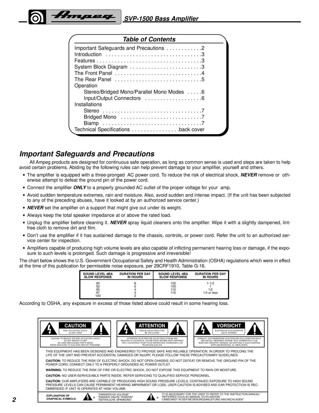 Ampeg manual Important Safeguards and Precautions, SVP-1500 Bass Amplifier Table of Contents 