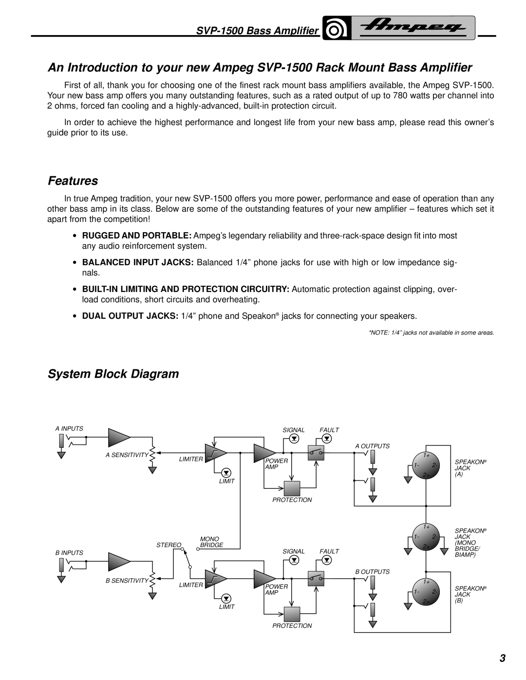 Ampeg SVP-1500 manual Features, System Block Diagram 