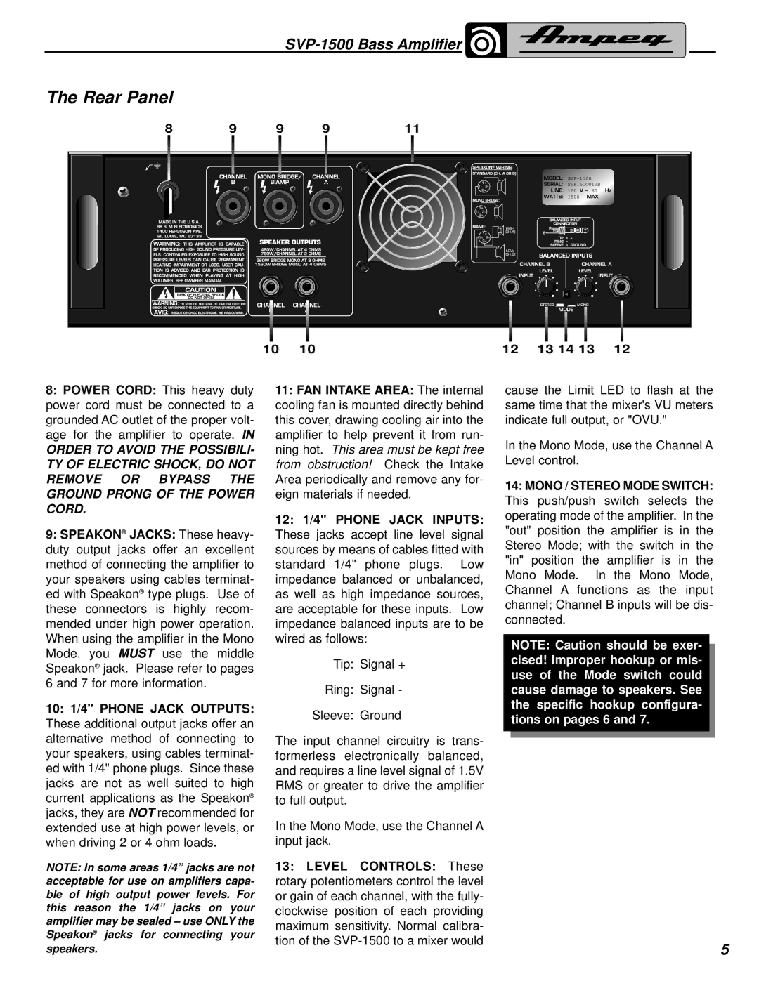 Ampeg SVP-1500 manual Rear Panel, 13 14 