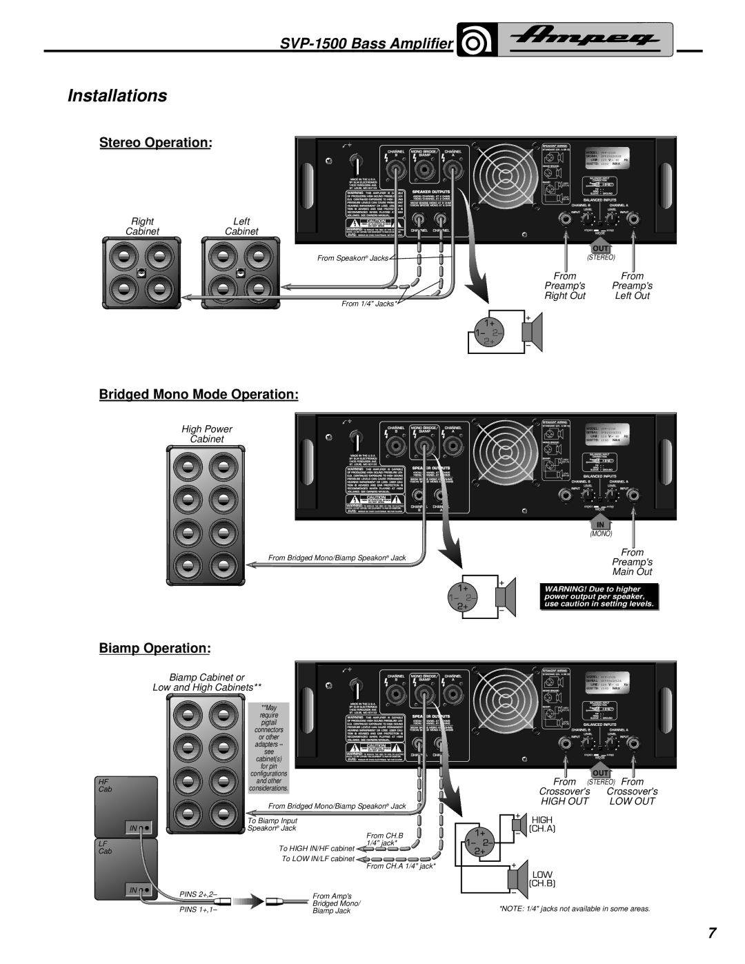 Ampeg SVP-1500 manual Installations, Stereo Operation 