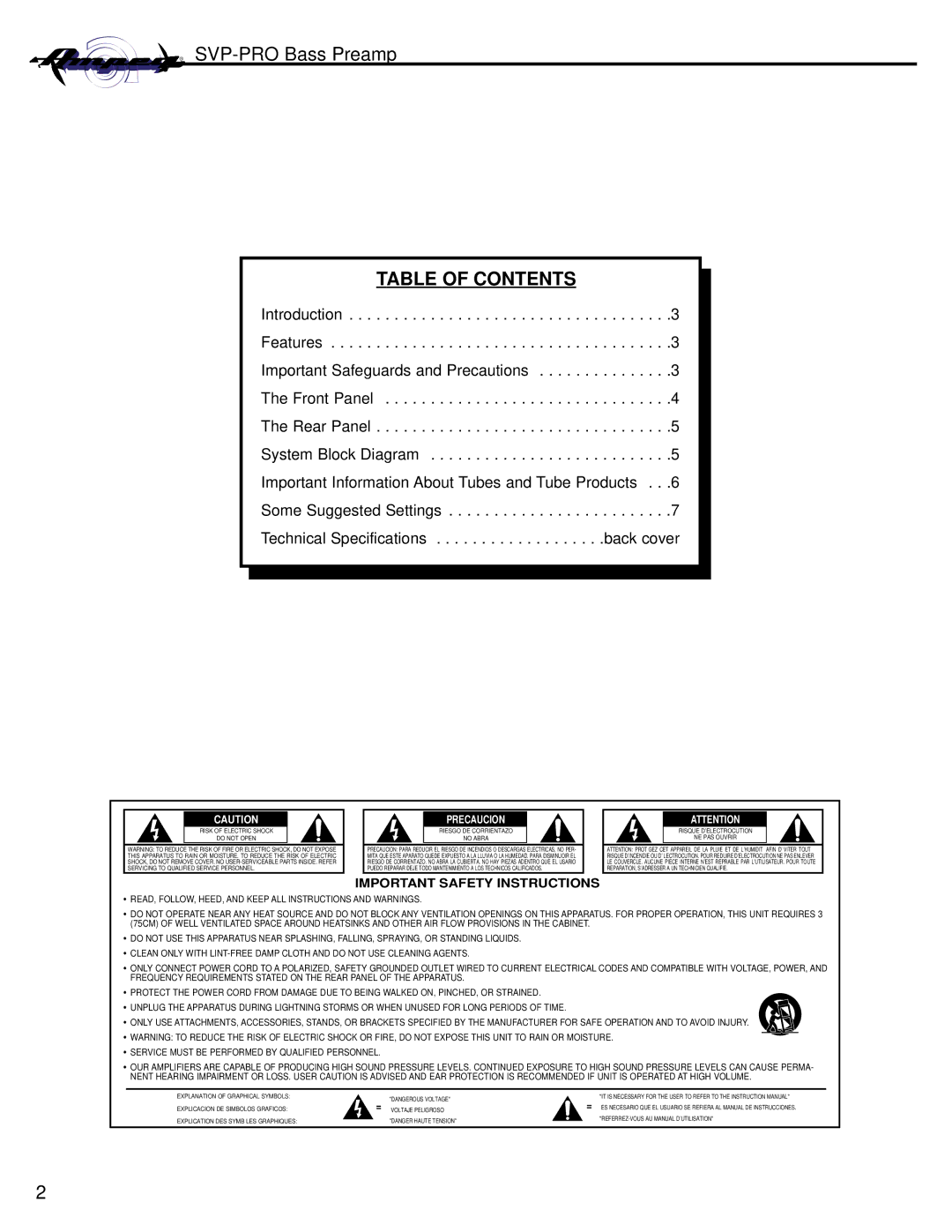 Ampeg manual SVP-PRO Bass Preamp, Table of Contents 