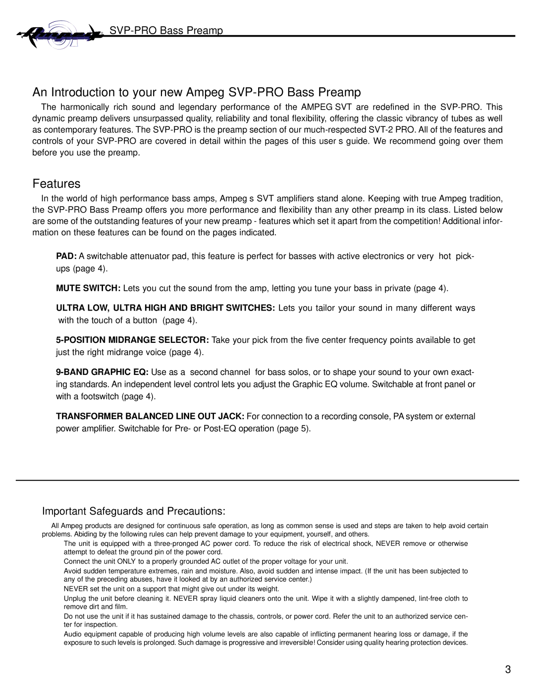 Ampeg manual An Introduction to your new Ampeg SVP-PRO Bass Preamp, Features, Important Safeguards and Precautions 