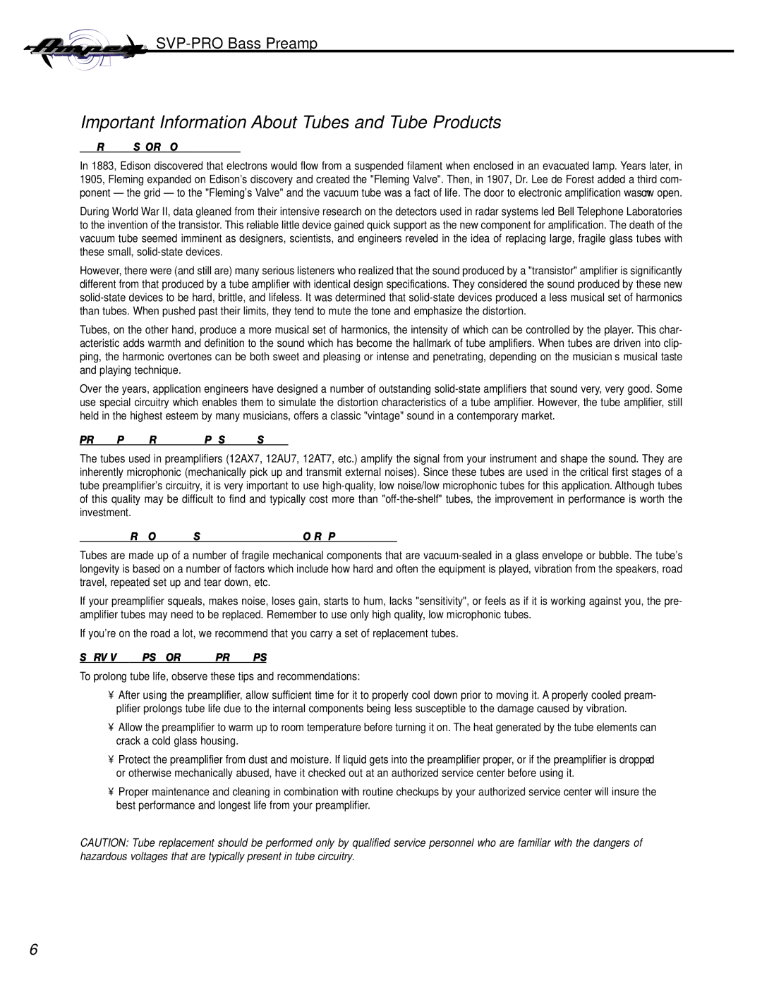 Ampeg SVP-PRO manual Important Information About Tubes and Tube Products, Brief History of the Tube 