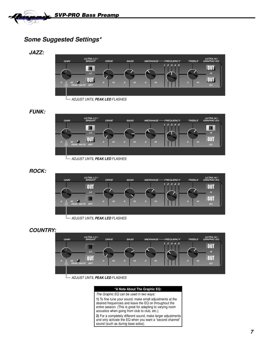 Ampeg SVP-PRO manual Some Suggested Settings, Graphic EQ can be used in two ways 