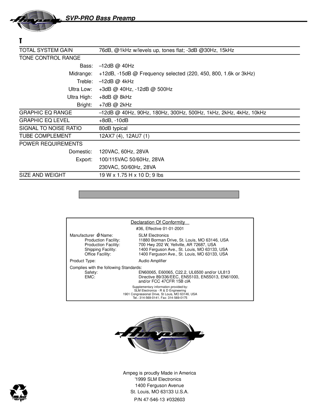 Ampeg SVP-PRO manual Technical Specifications, Emc 