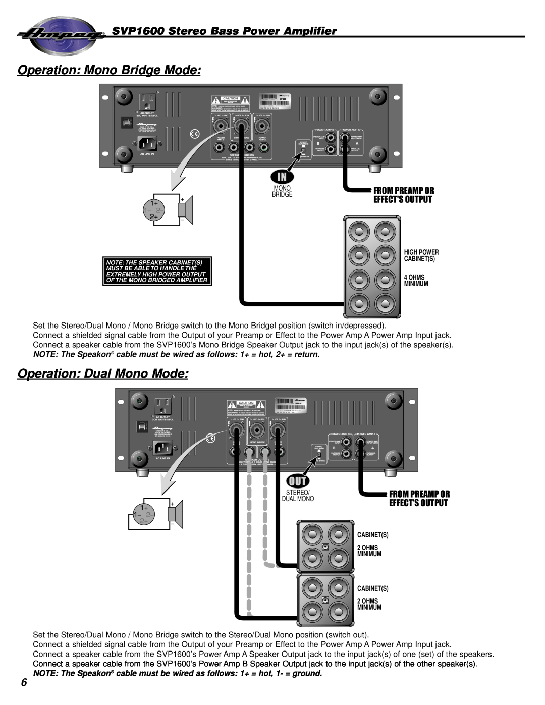 Ampeg manual Operation Mono Bridge Mode, Operation Dual Mono Mode, SVP1600 Stereo Bass Power Amplifier 