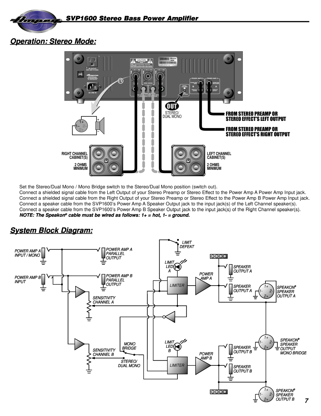 Ampeg manual Operation Stereo Mode, System Block Diagram, SVP1600 Stereo Bass Power Amplifier, From Stereo Preamp Or 