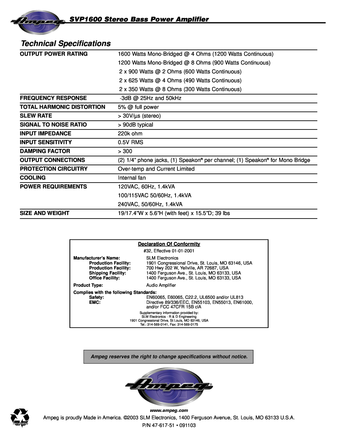 Ampeg manual Technical Specifications, SVP1600 Stereo Bass Power Amplifier 