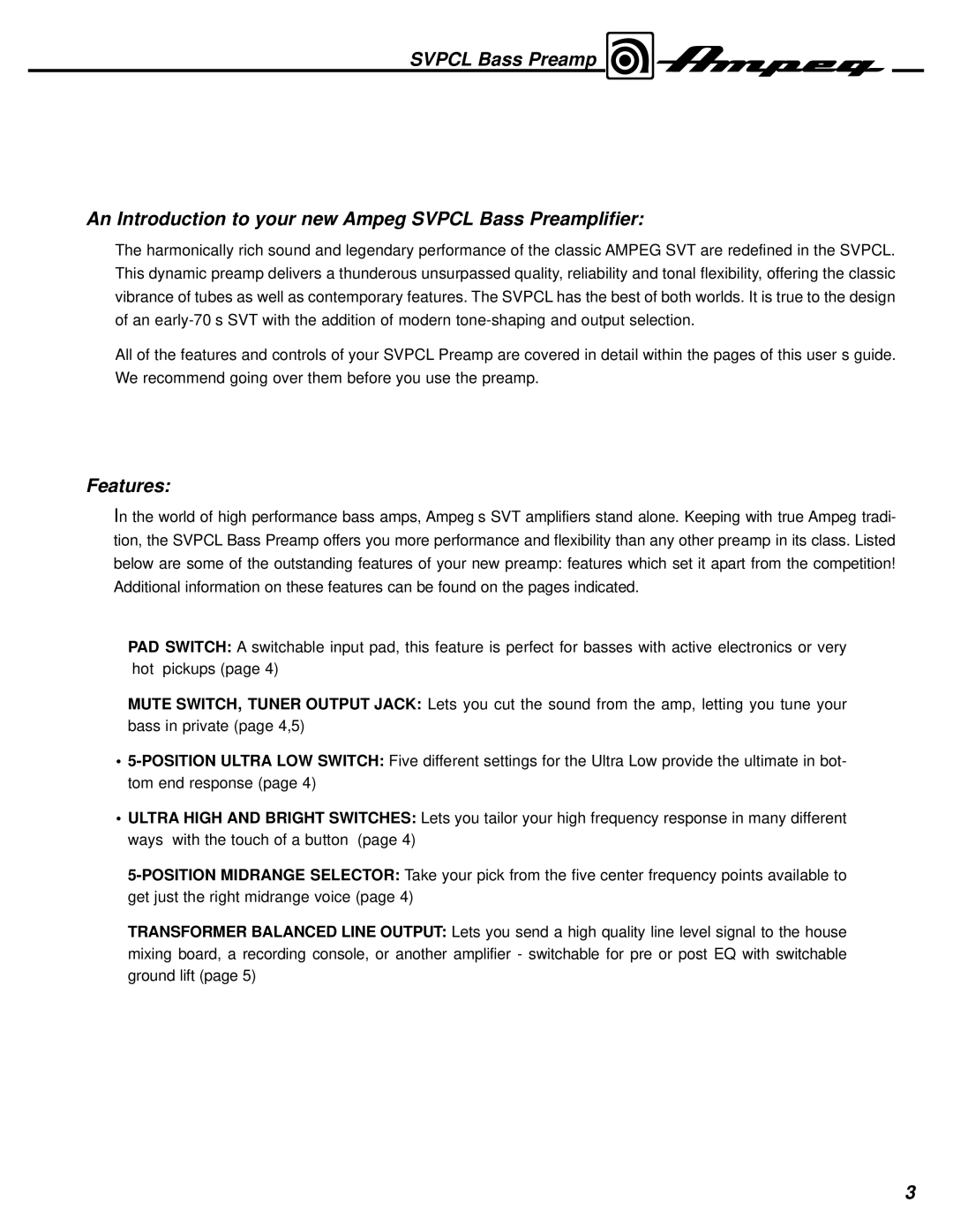 Ampeg SVPCL manual Features 