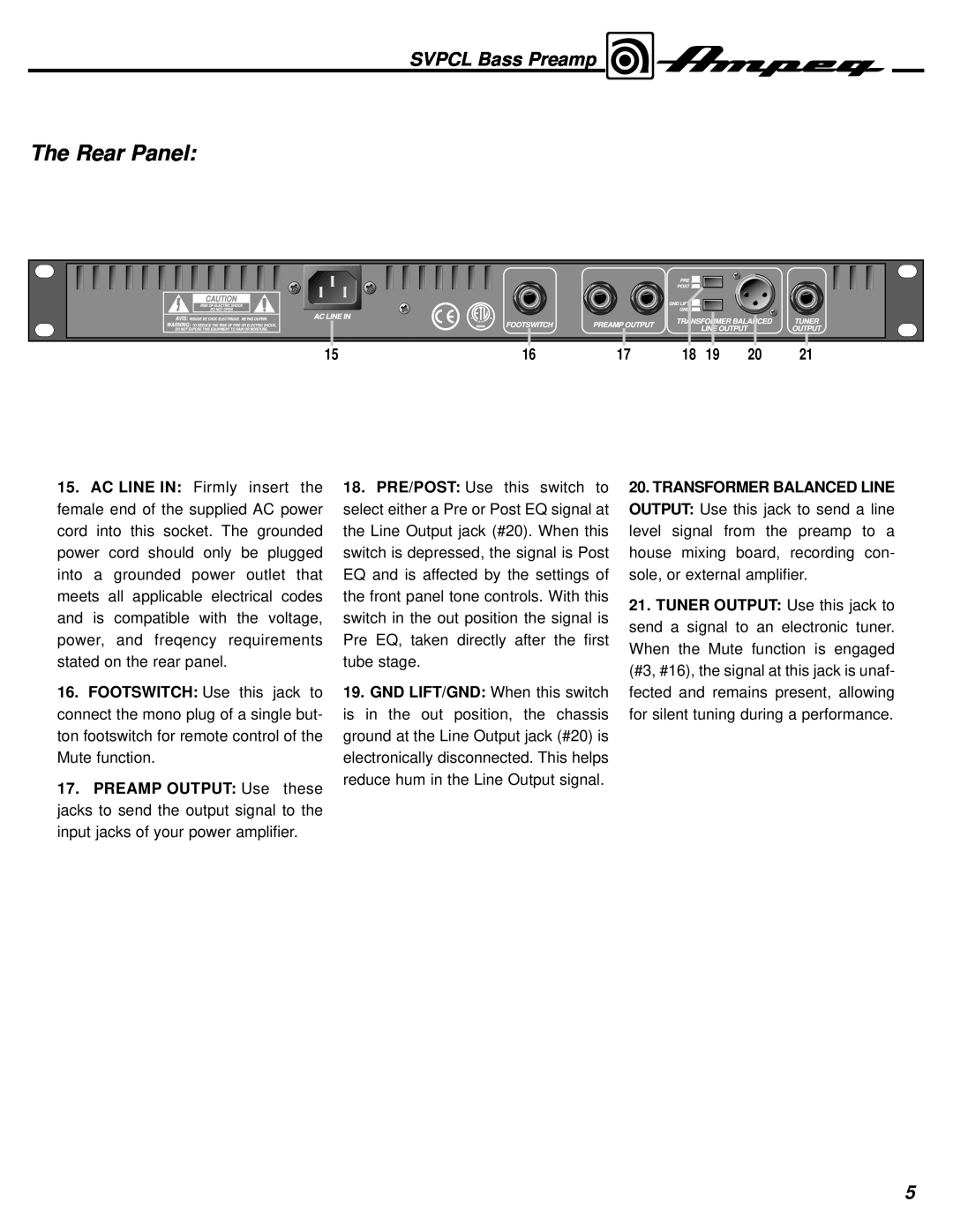 Ampeg manual The Rear Panel, SVPCL Bass Preamp 