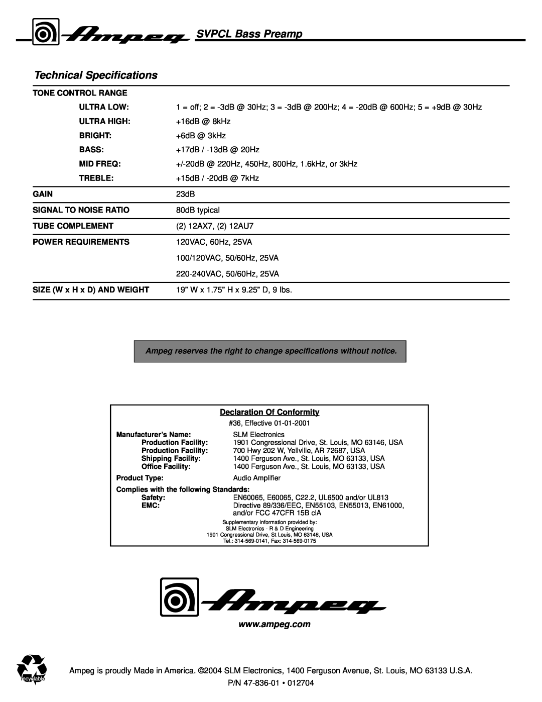 Ampeg manual Technical Specifications, SVPCL Bass Preamp 