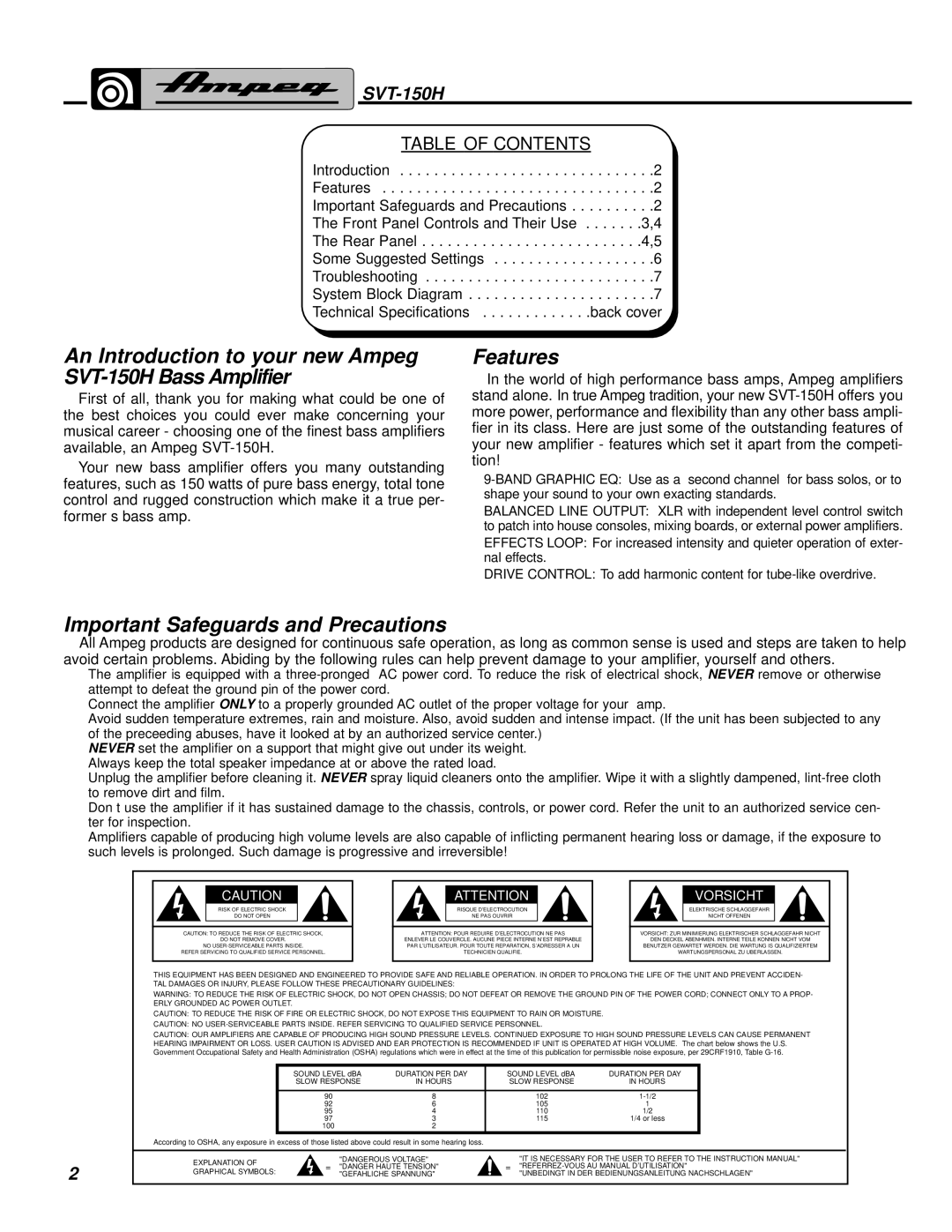 Ampeg manual An Introduction to your new Ampeg SVT-150H Bass Amplifier, Features, Important Safeguards and Precautions 