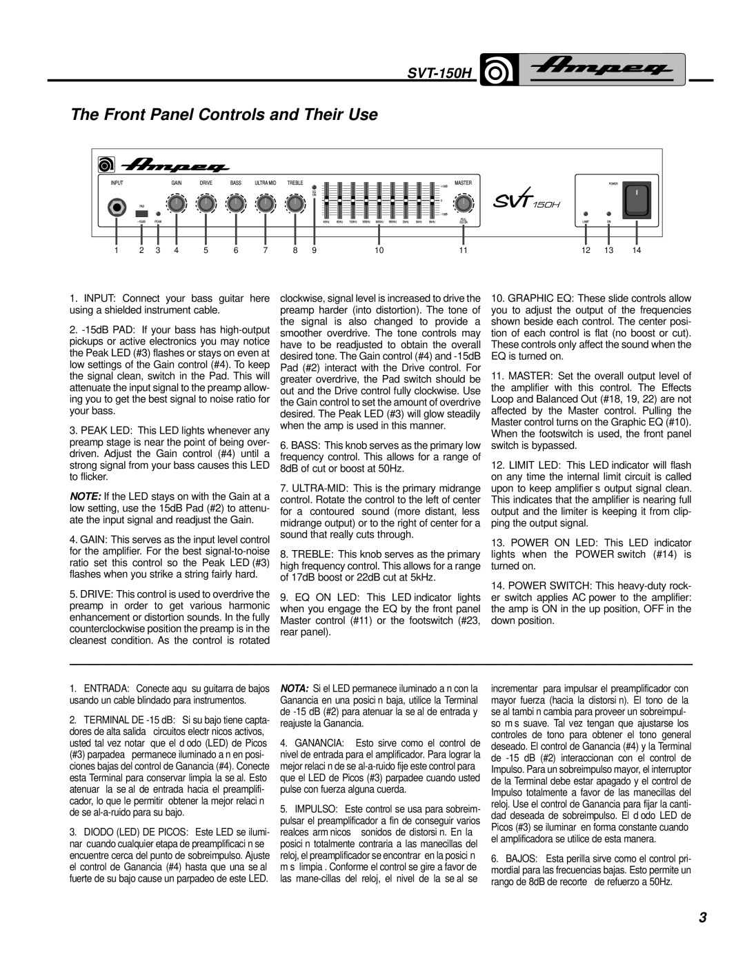 Ampeg SVT-150H manual Front Panel Controls and Their Use, Power on LED This LED indicator 