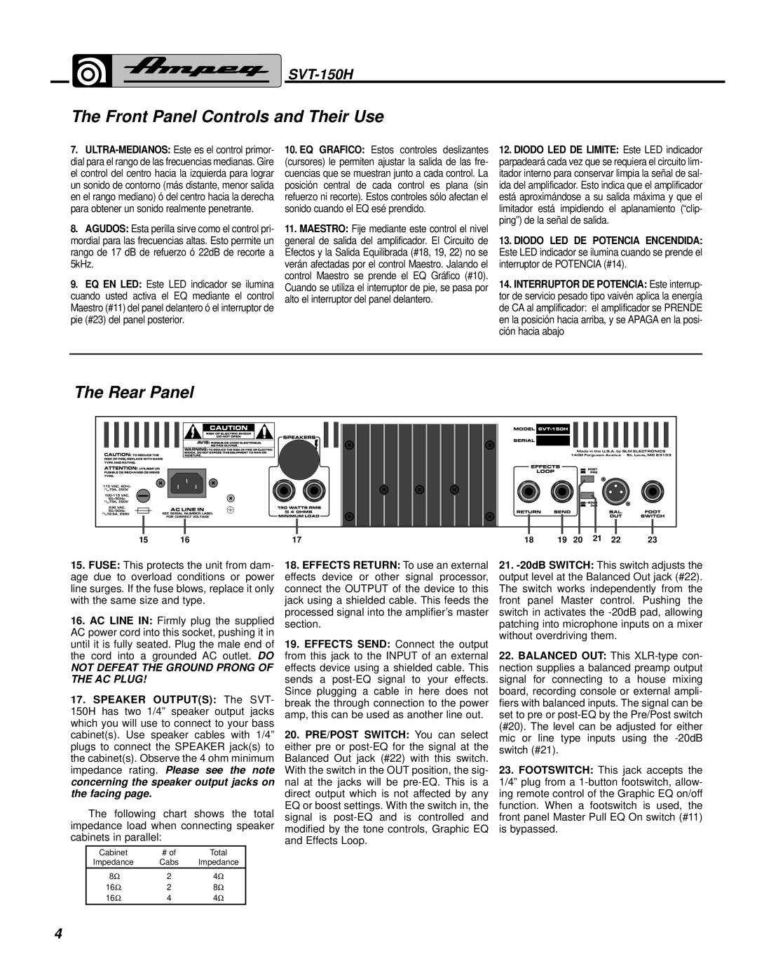 Ampeg SVT-150H manual Rear Panel, Not Defeat the Ground Prong of the AC Plug 