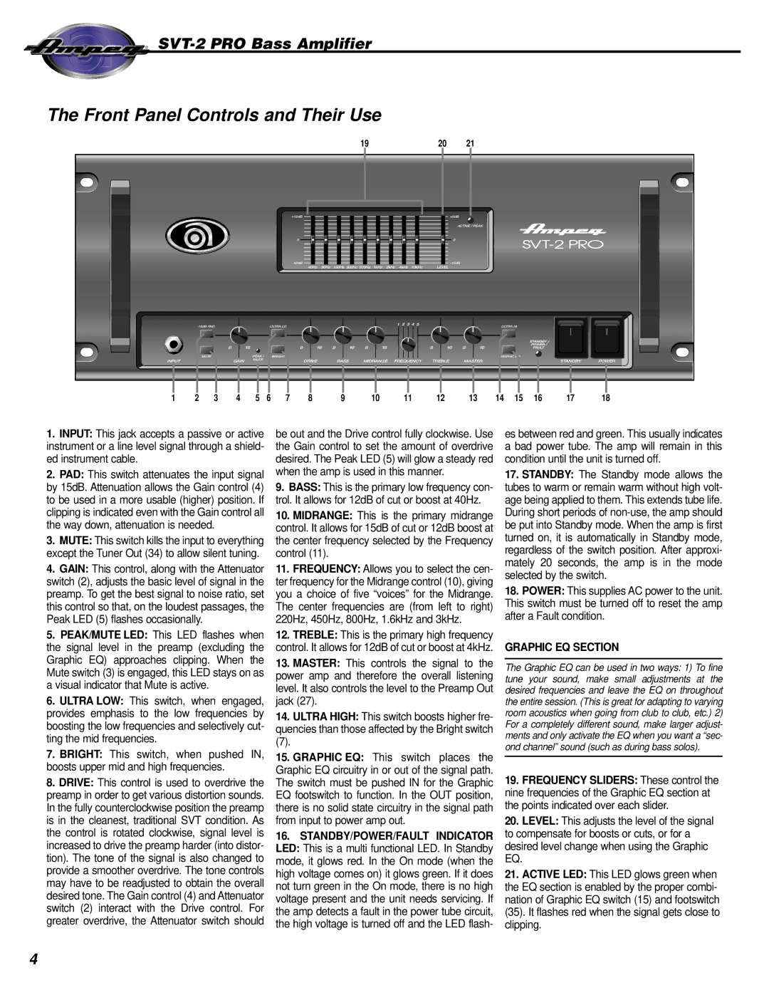 Ampeg SVT-2 manual Front Panel Controls and Their Use, Ed instrument cable 