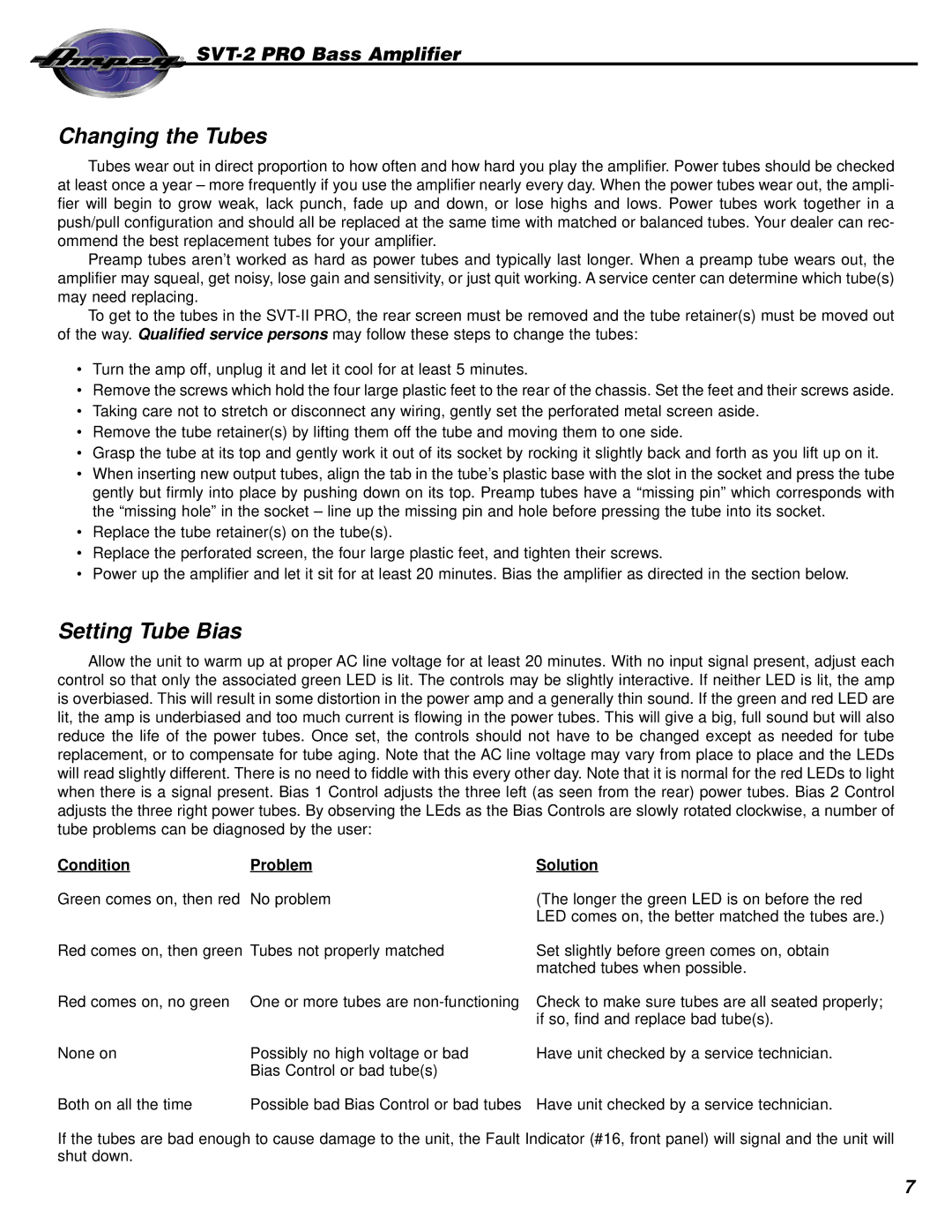 Ampeg SVT-2 manual Changing the Tubes, Setting Tube Bias 