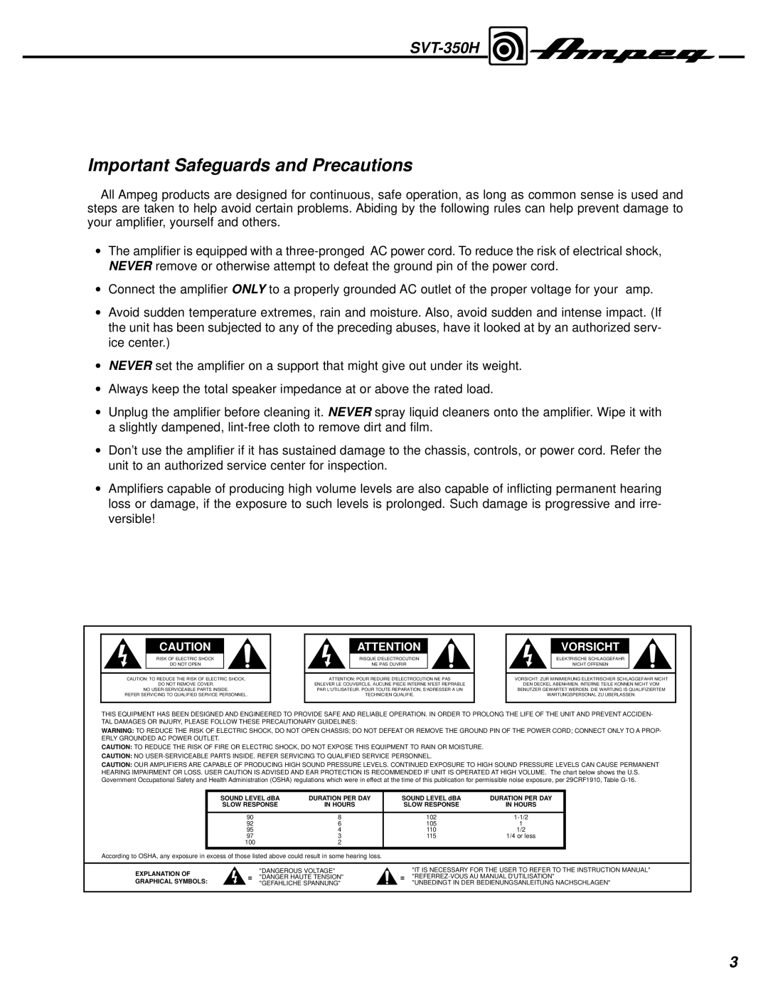 Ampeg SVT-350H manual Important Safeguards and Precautions, Vorsicht 