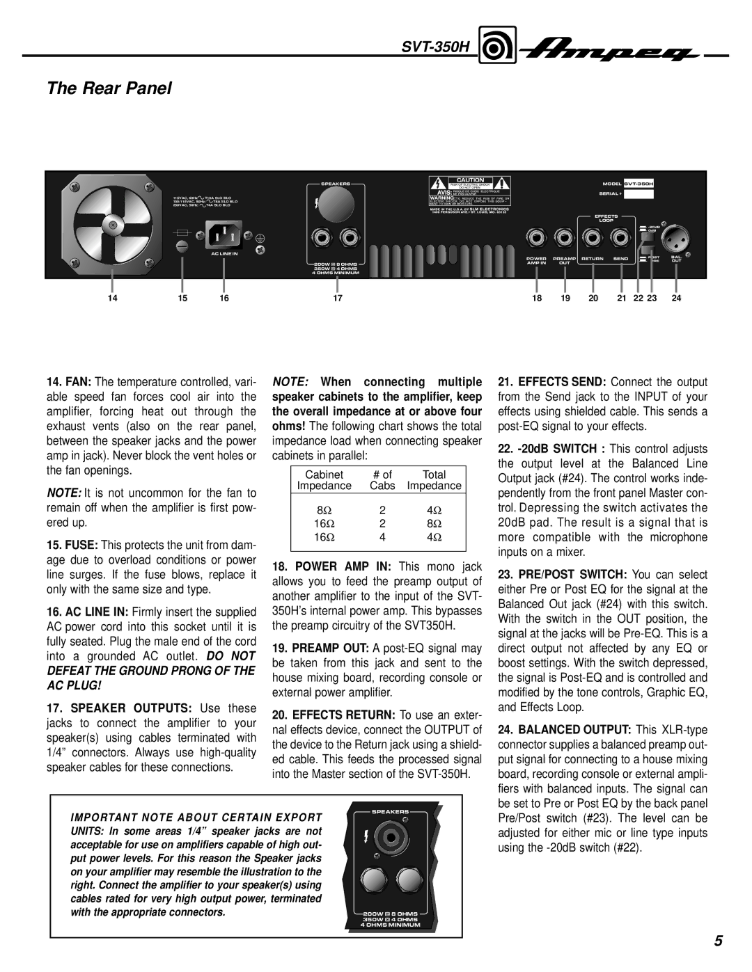 Ampeg SVT-350H manual Rear Panel, Defeat the Ground Prong of the AC Plug 