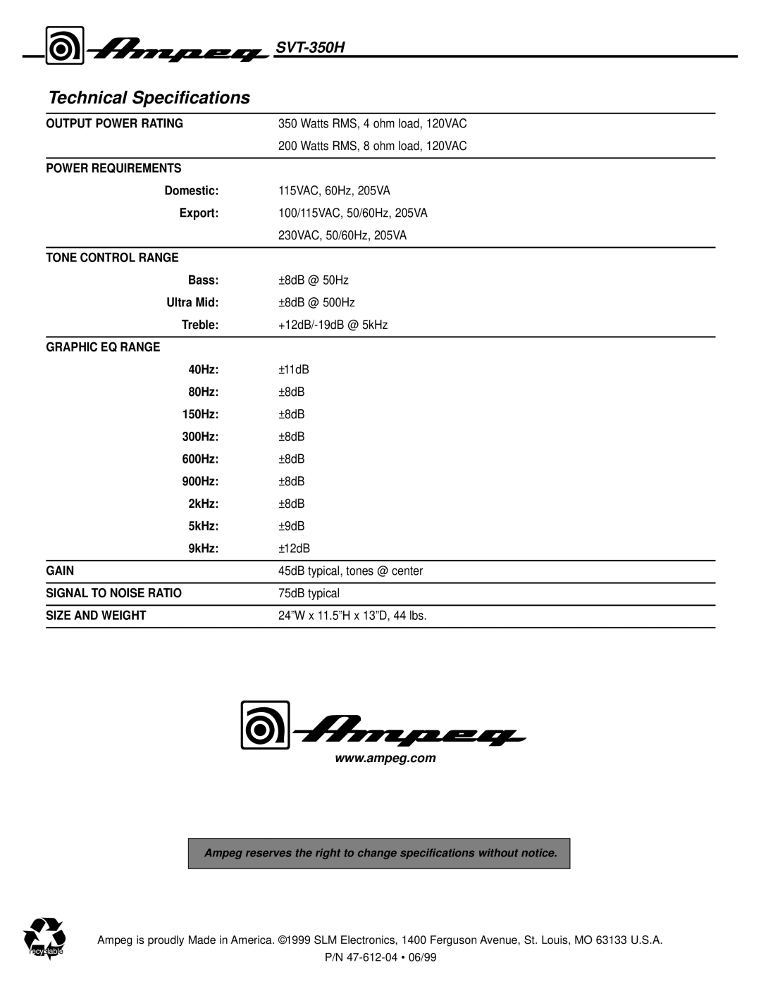 Ampeg SVT-350H manual Technical Specifications, Size and Weight 