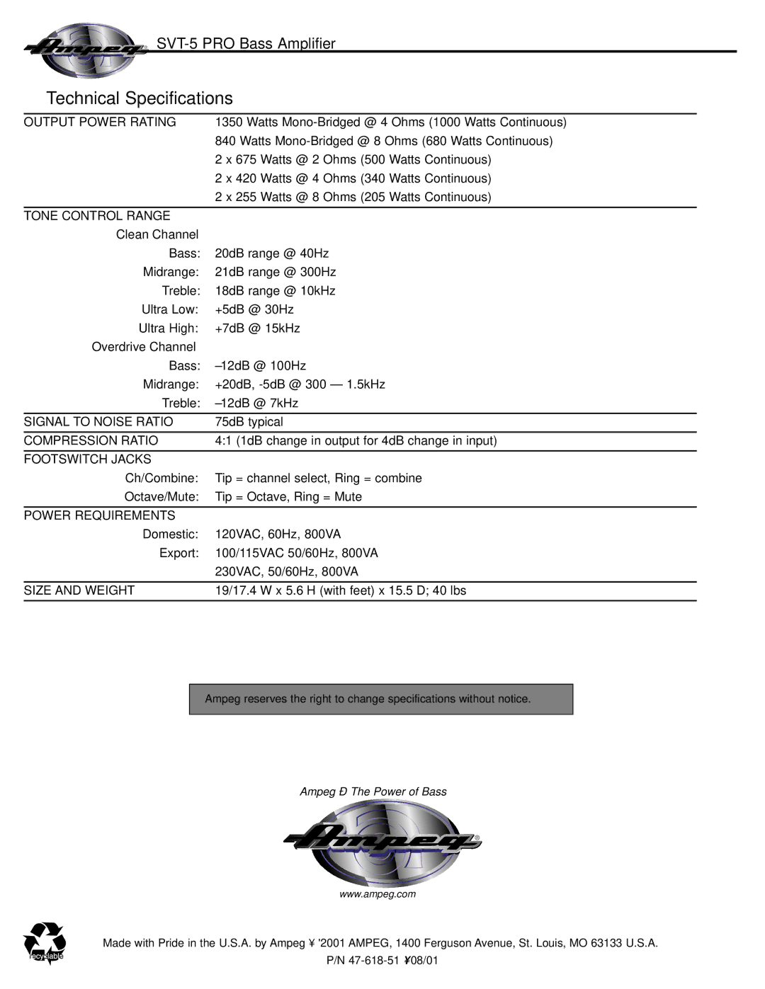 Ampeg SVT-5 PRO manual Technical Specifications, Output Power Rating 