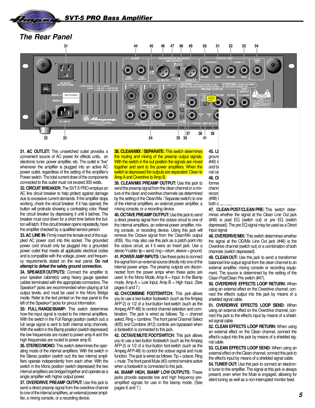 Ampeg SVT-5 PRO manual Rear Panel 