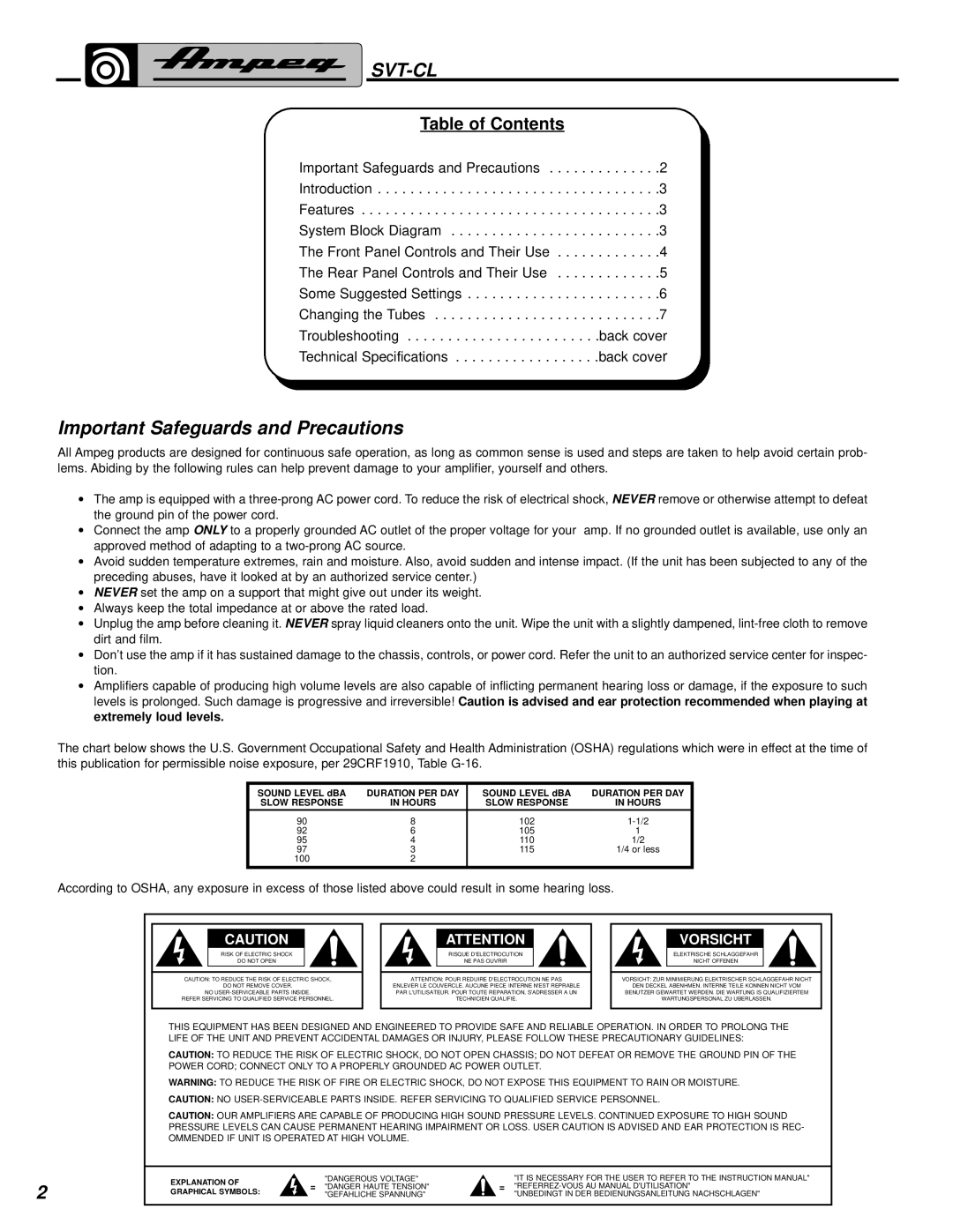 Ampeg SVT-CL manual Svt-Cl, Important Safeguards and Precautions 