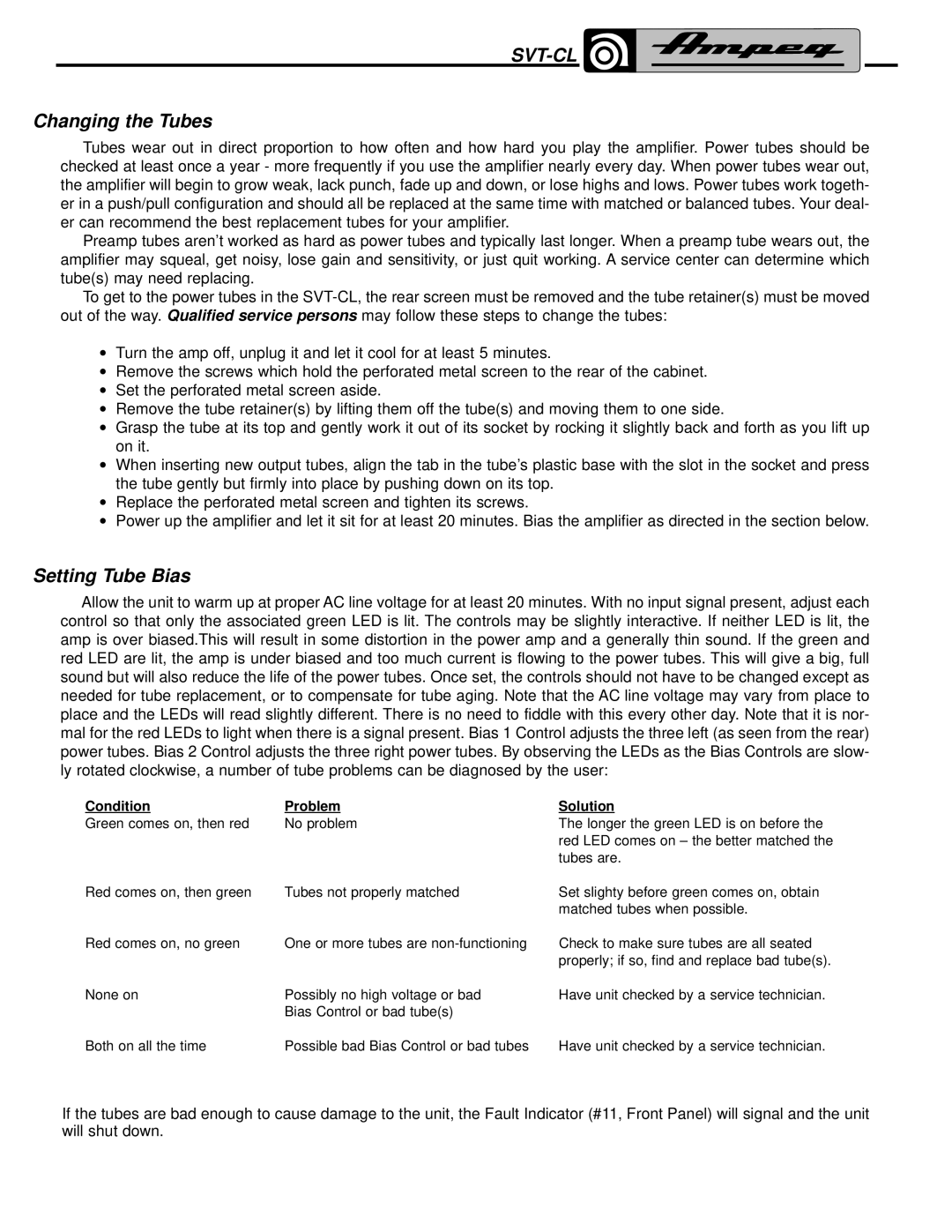 Ampeg SVT-CL manual Changing the Tubes, Setting Tube Bias 