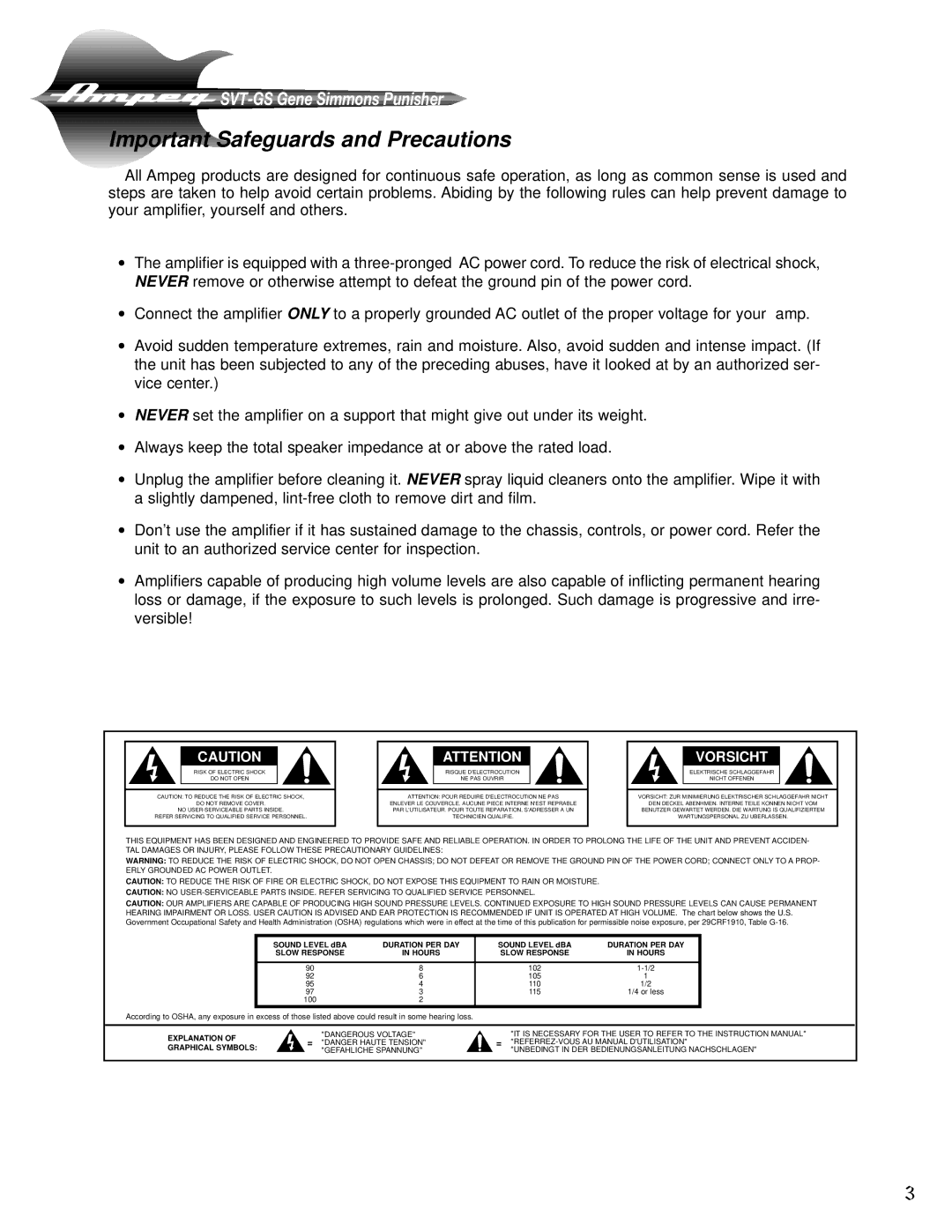 Ampeg Gene Simmons Punisher Bass Amplifier, SVT-GS manual Important Safeguards and Precautions, Vorsicht 