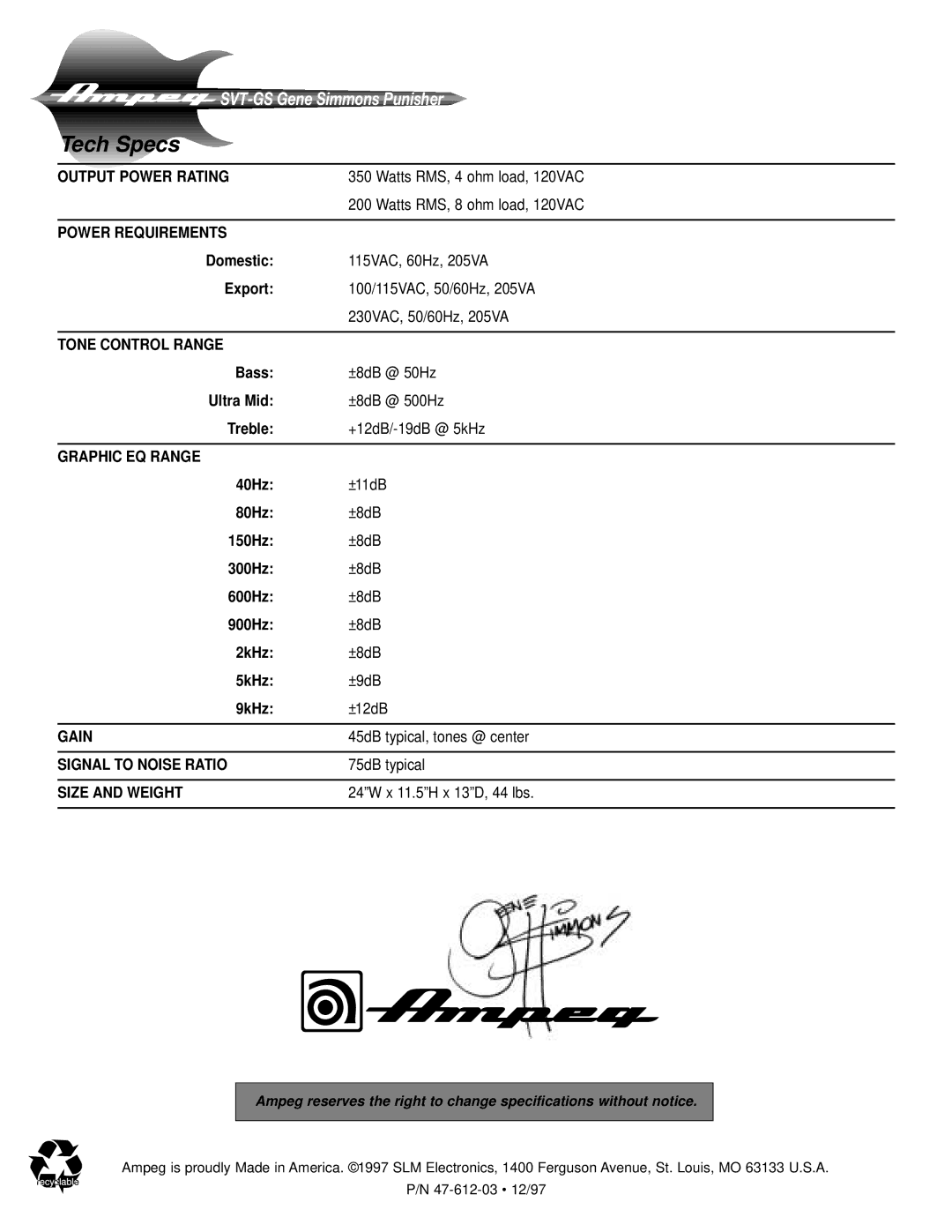 Ampeg SVT-GS, Gene Simmons Punisher Bass Amplifier manual Tech Specs 