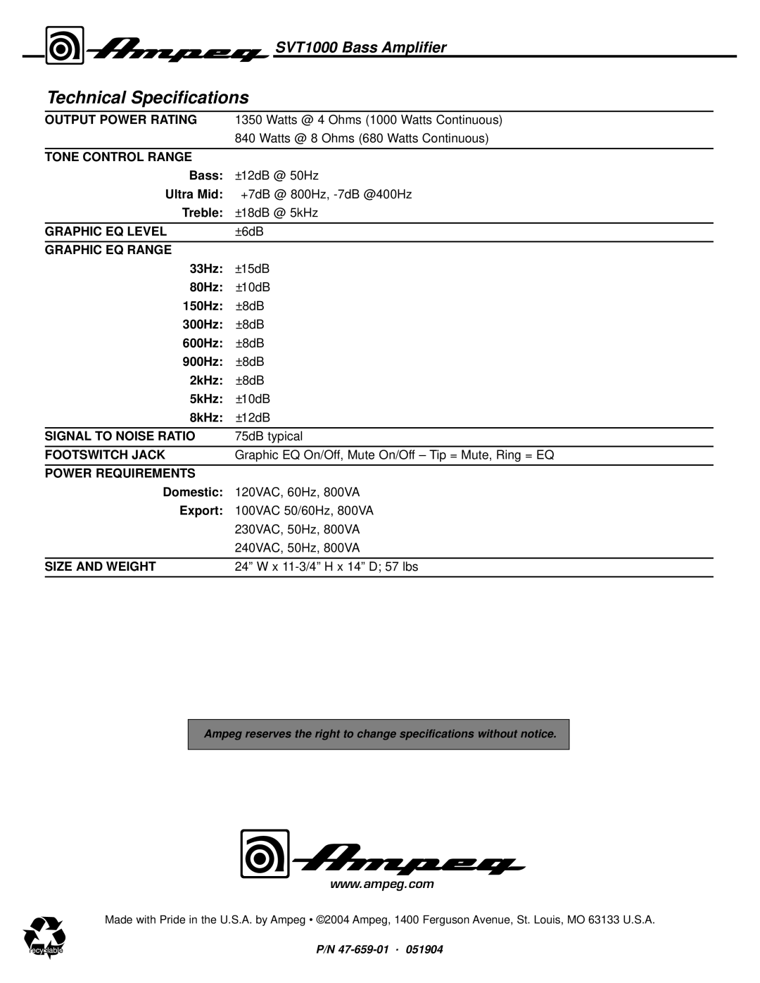 Ampeg SVT1000 manual Technical Specifications, Power Requirements 