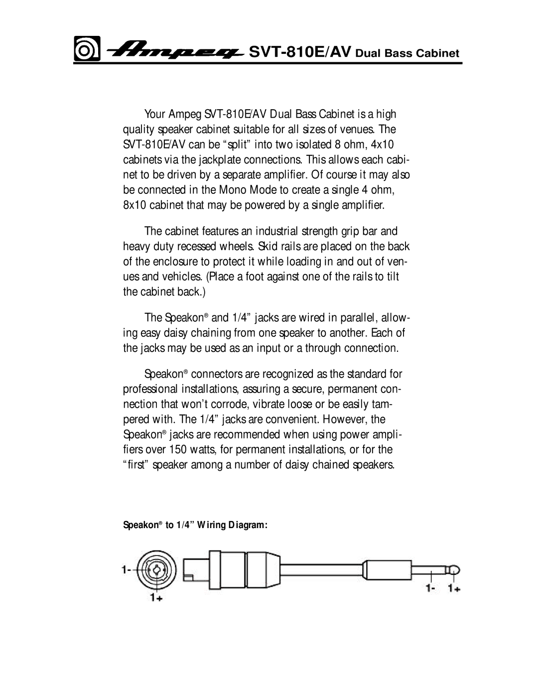 Ampeg SVT810E/AV manual SVT-810E/AVDual Bass Cabinet 