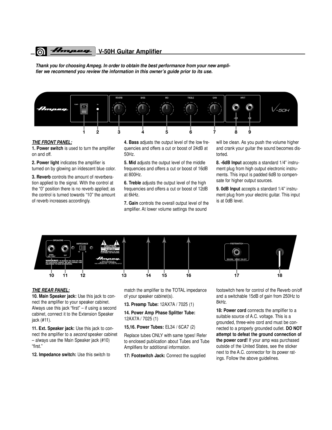 Ampeg V-50H manual Power switch is used to turn the amplifier on and off, Always use the Main Speaker jack #10 first 