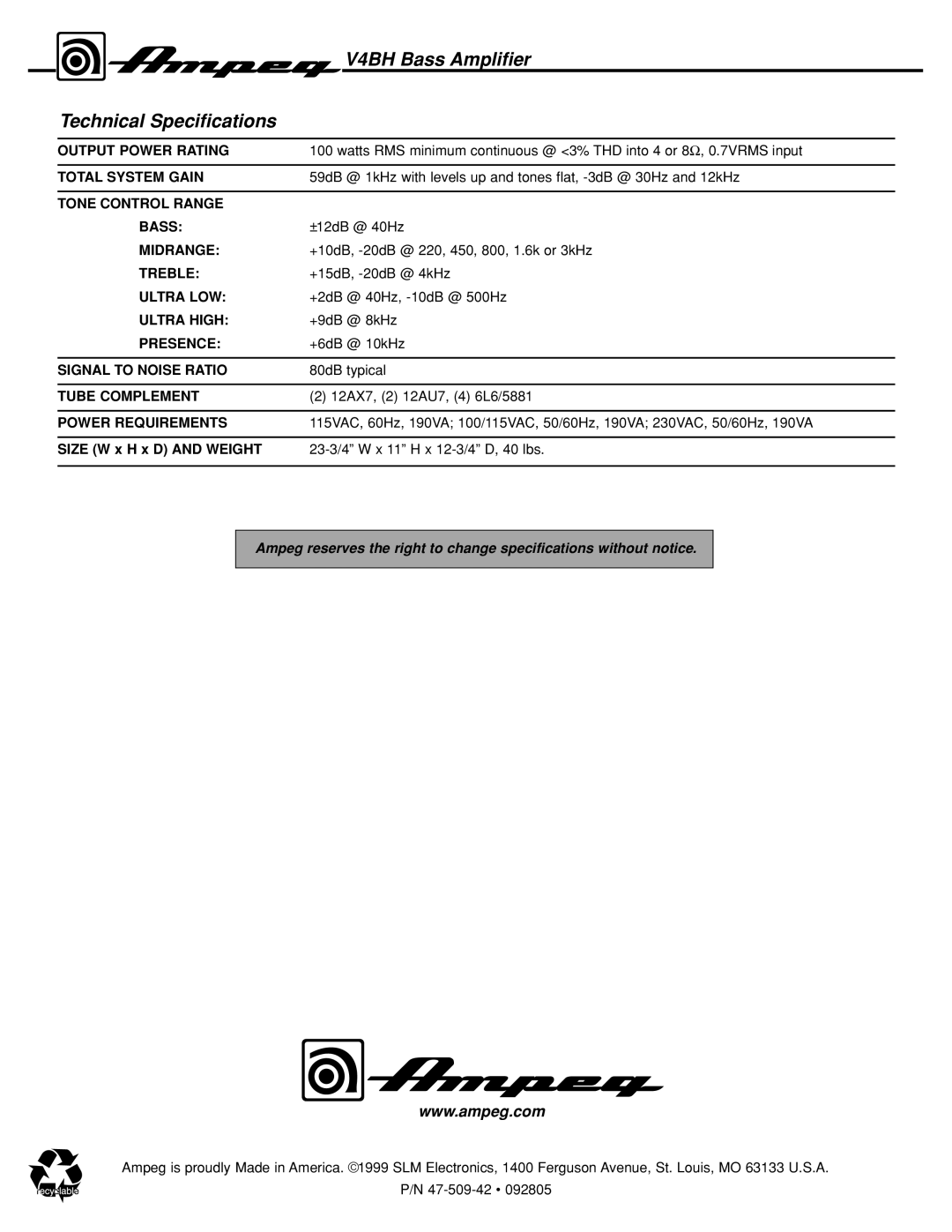 Ampeg manual V4BH Bass Amplifier Technical Specifications, Power Requirements 