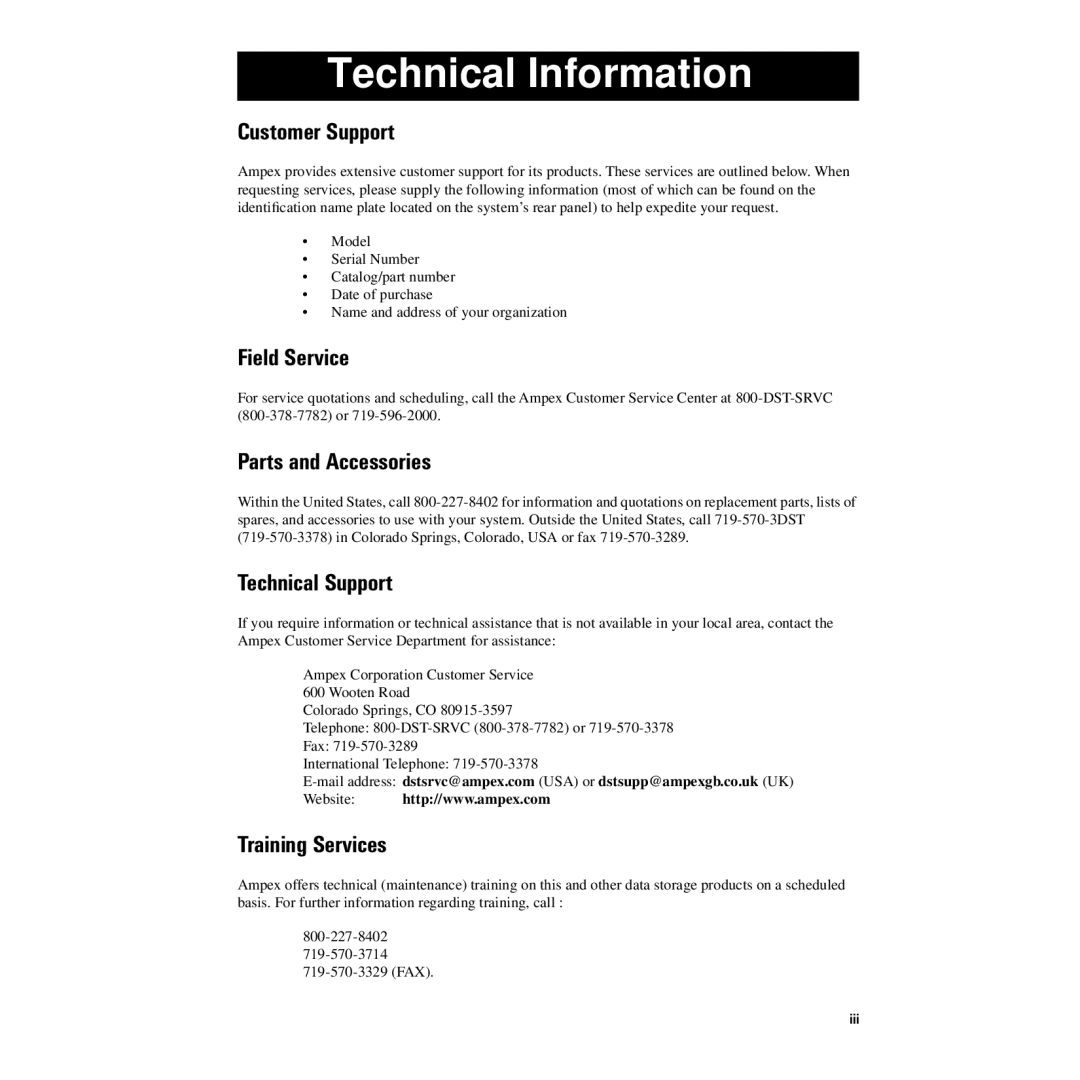 Ampex Data Systems ATM 300 Customer Support, Field Service, Parts and Accessories, Technical Support, Training Services 