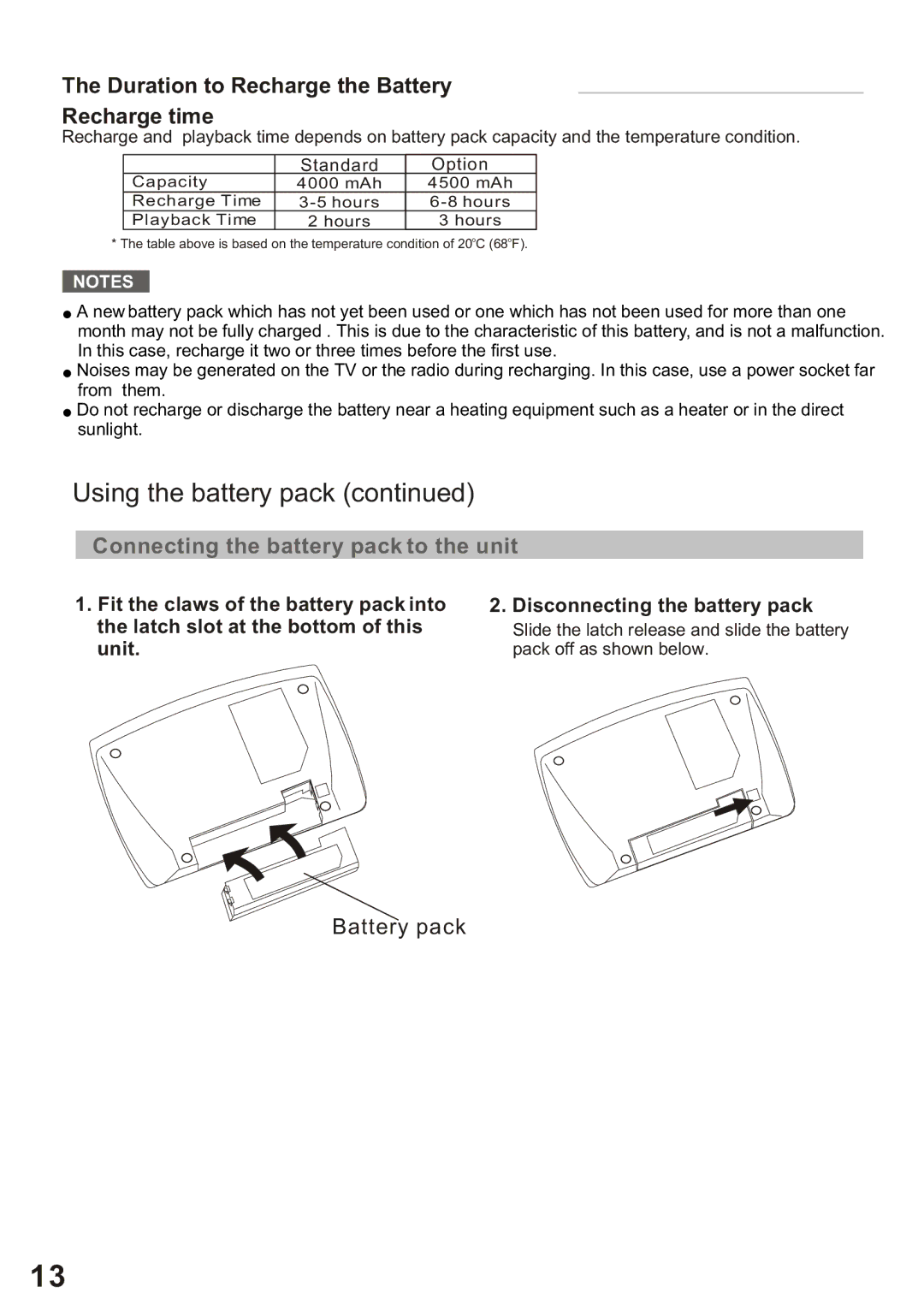 Amphion M510 manual Duration to Recharge the Battery Recharge time, Connecting the battery pack to the unit 