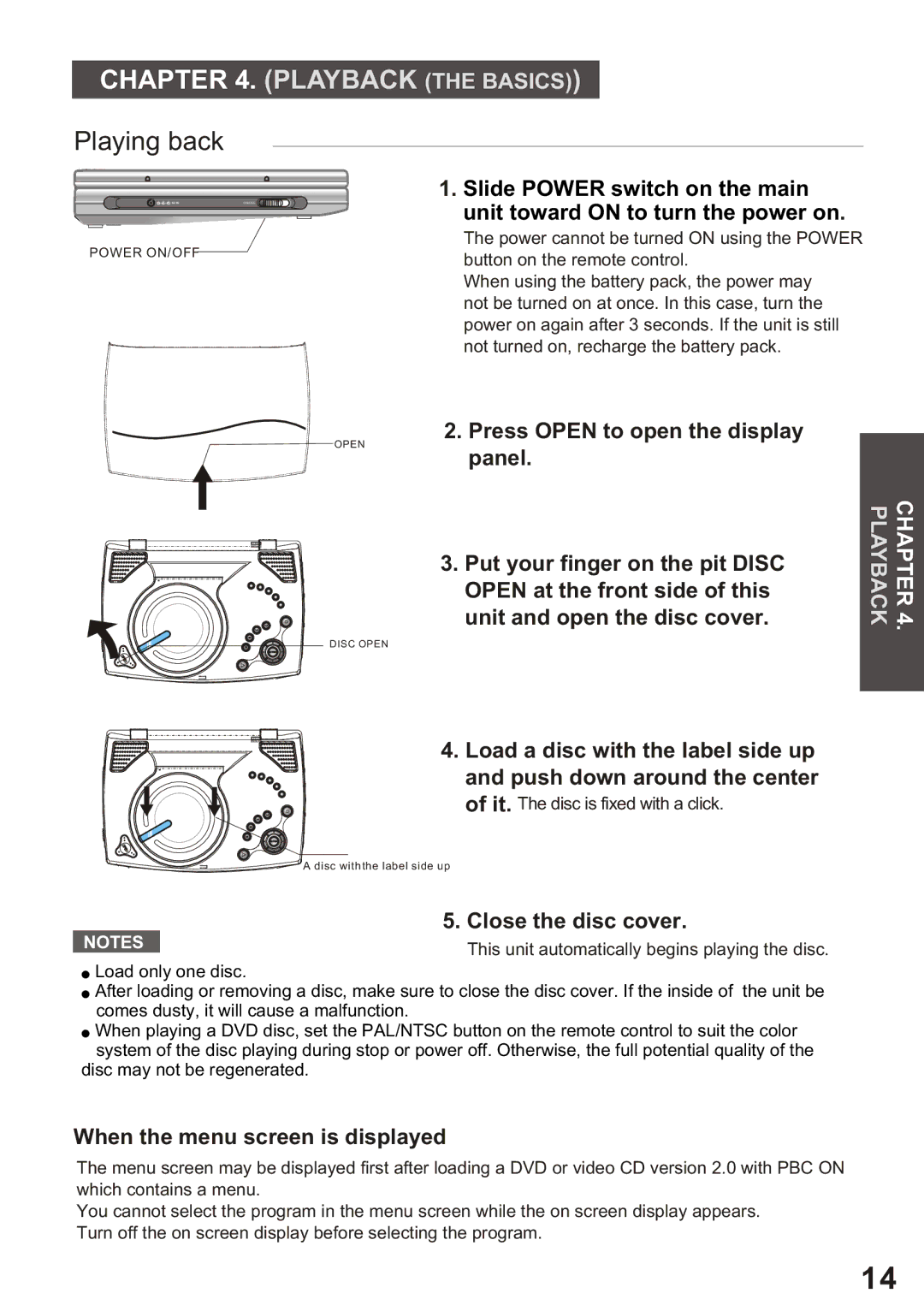 Amphion M510 manual Playing back, Press Open to open the display Panel, Unit and open the disc cover, Close the disc cover 