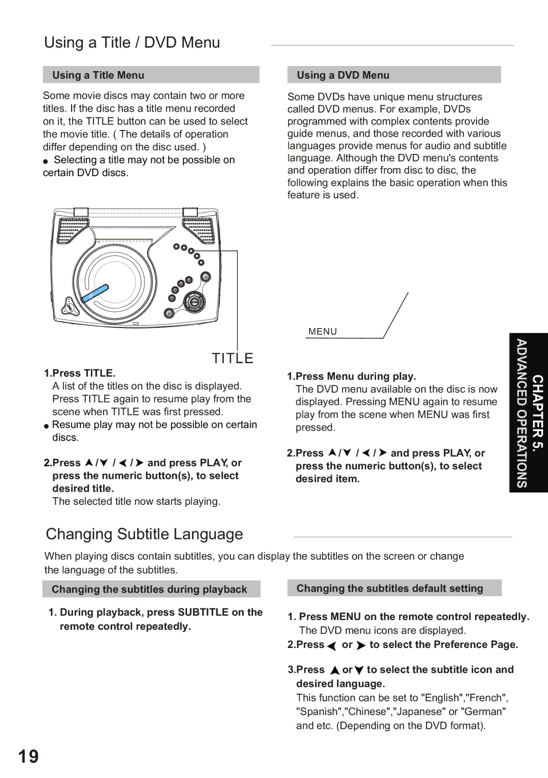 Amphion M510 manual Using a Title / DVD Menu, Changing Subtitle Language 