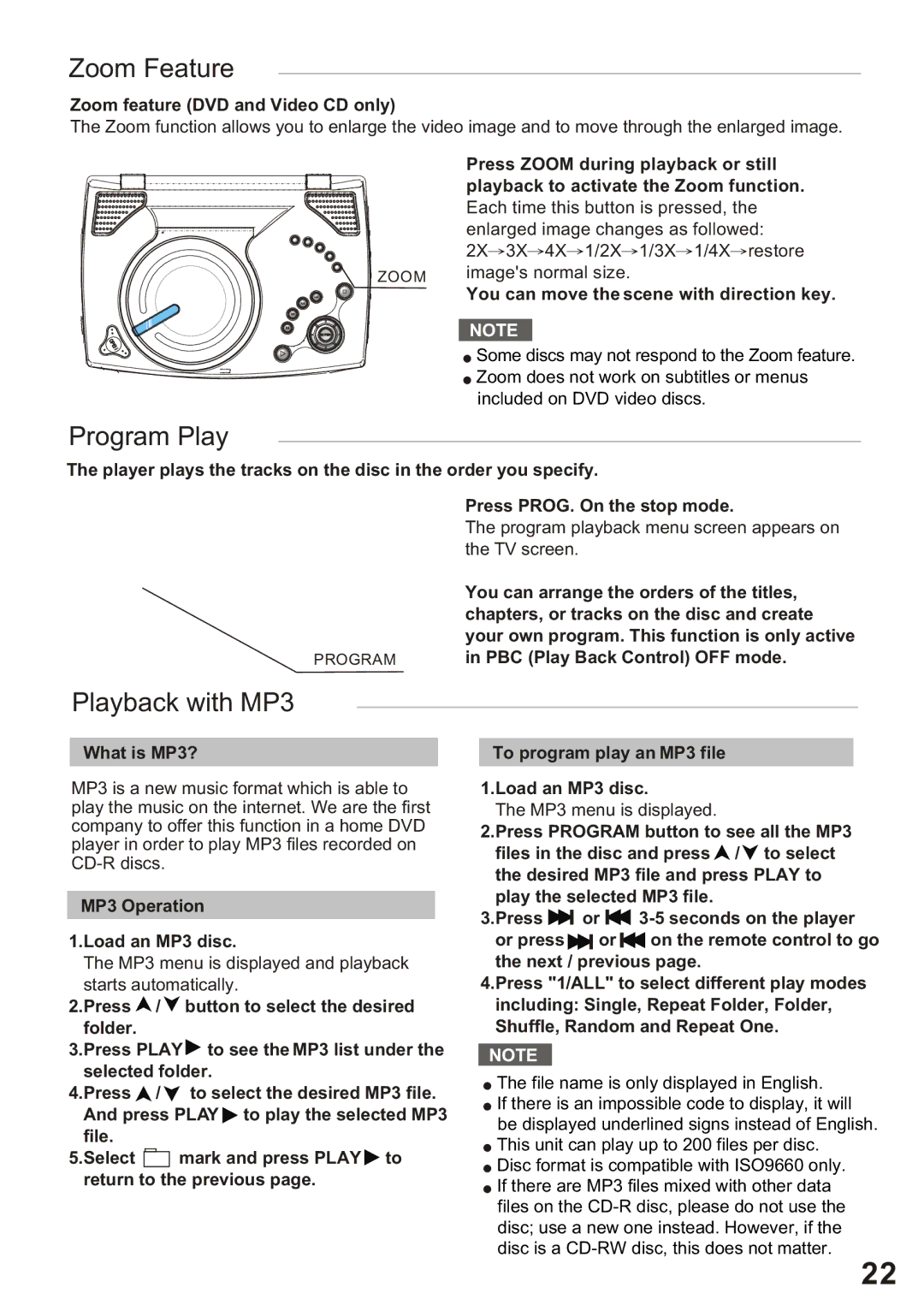 Amphion M510 manual Zoom Feature, Program Play, Playback with MP3 