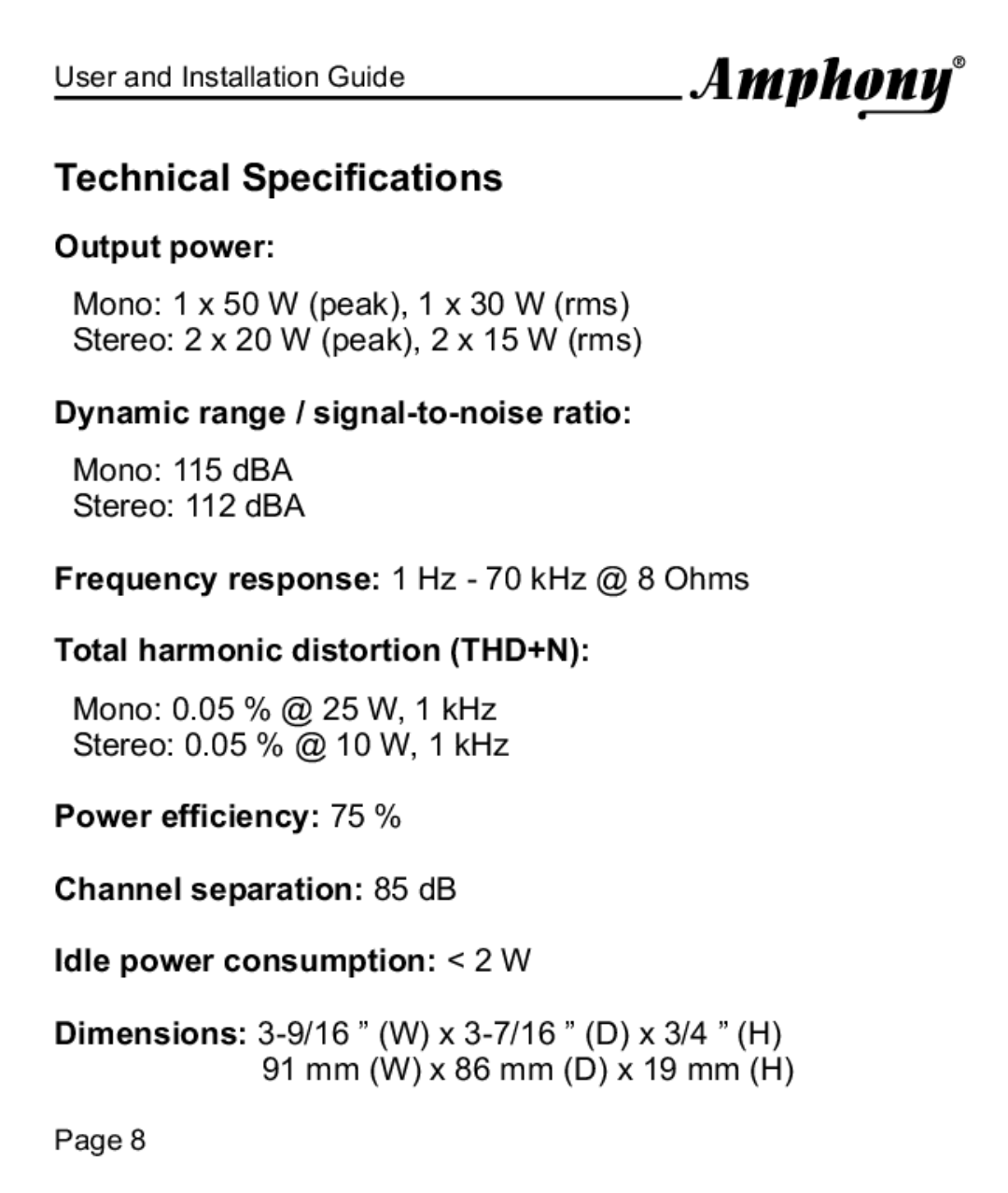 Amphony 100 manual Technical Specifications 