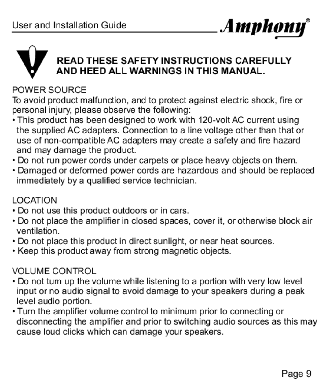 Amphony 100 manual Power Source 